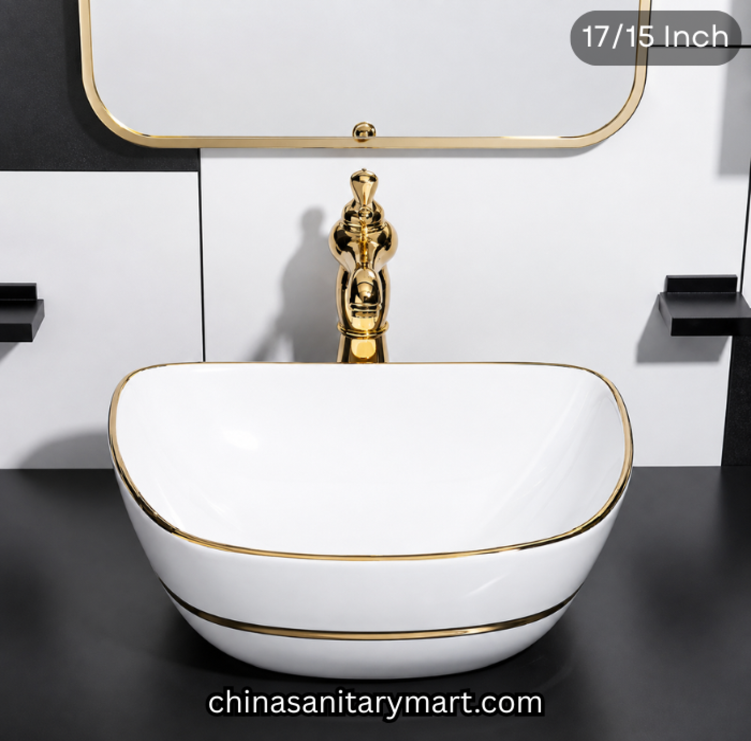 17x15 inch white golden line top basin, FT white gold basin, luxury designer countertop basin, white ceramic gold rim basin, golden line top basin