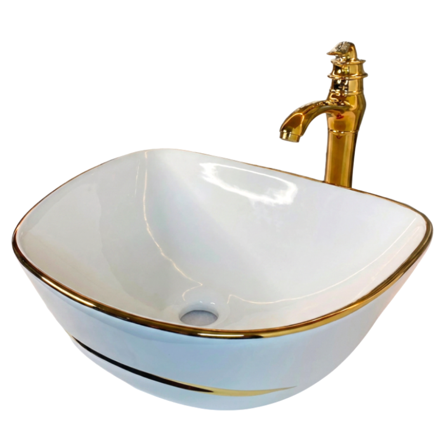 17x15 inch white golden line top basin, FT white gold basin, luxury designer countertop basin, white ceramic gold rim basin, golden line top basin
