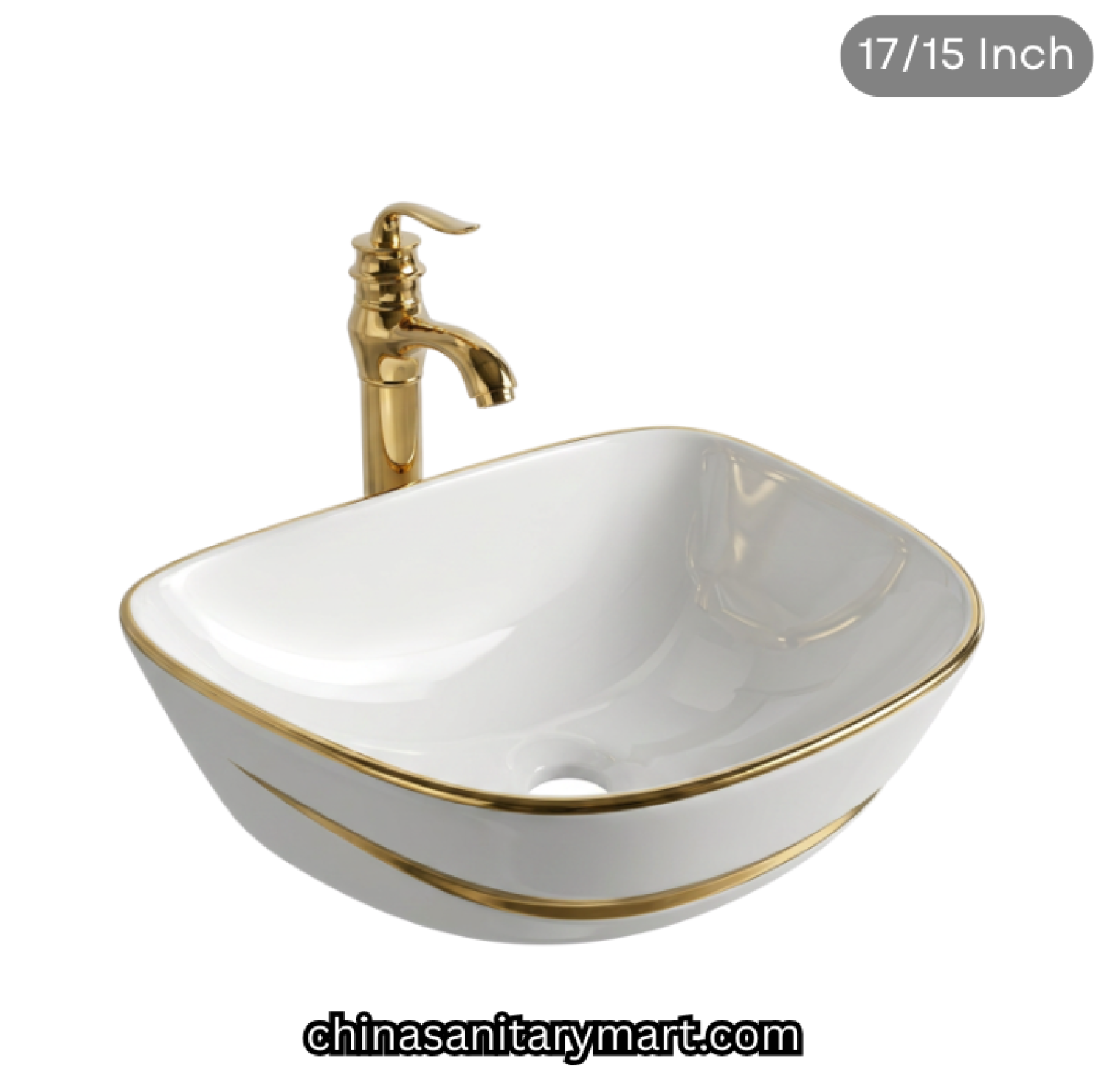 17x15 inch white golden line top basin, FT white gold basin, luxury designer countertop basin, white ceramic gold rim basin, golden line top basin