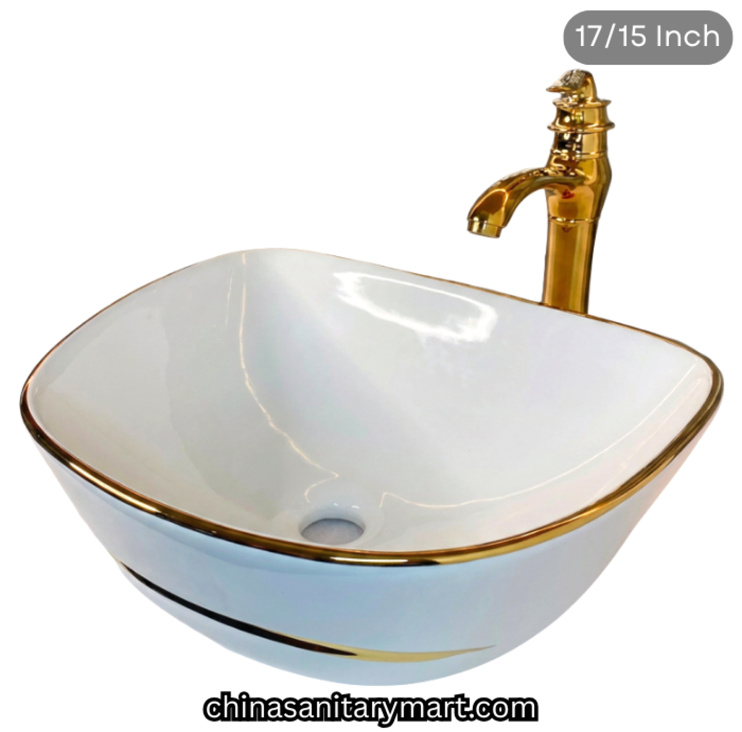 17x15 inch white golden line top basin, FT white gold basin, luxury designer countertop basin, white ceramic gold rim basin, golden line top basin