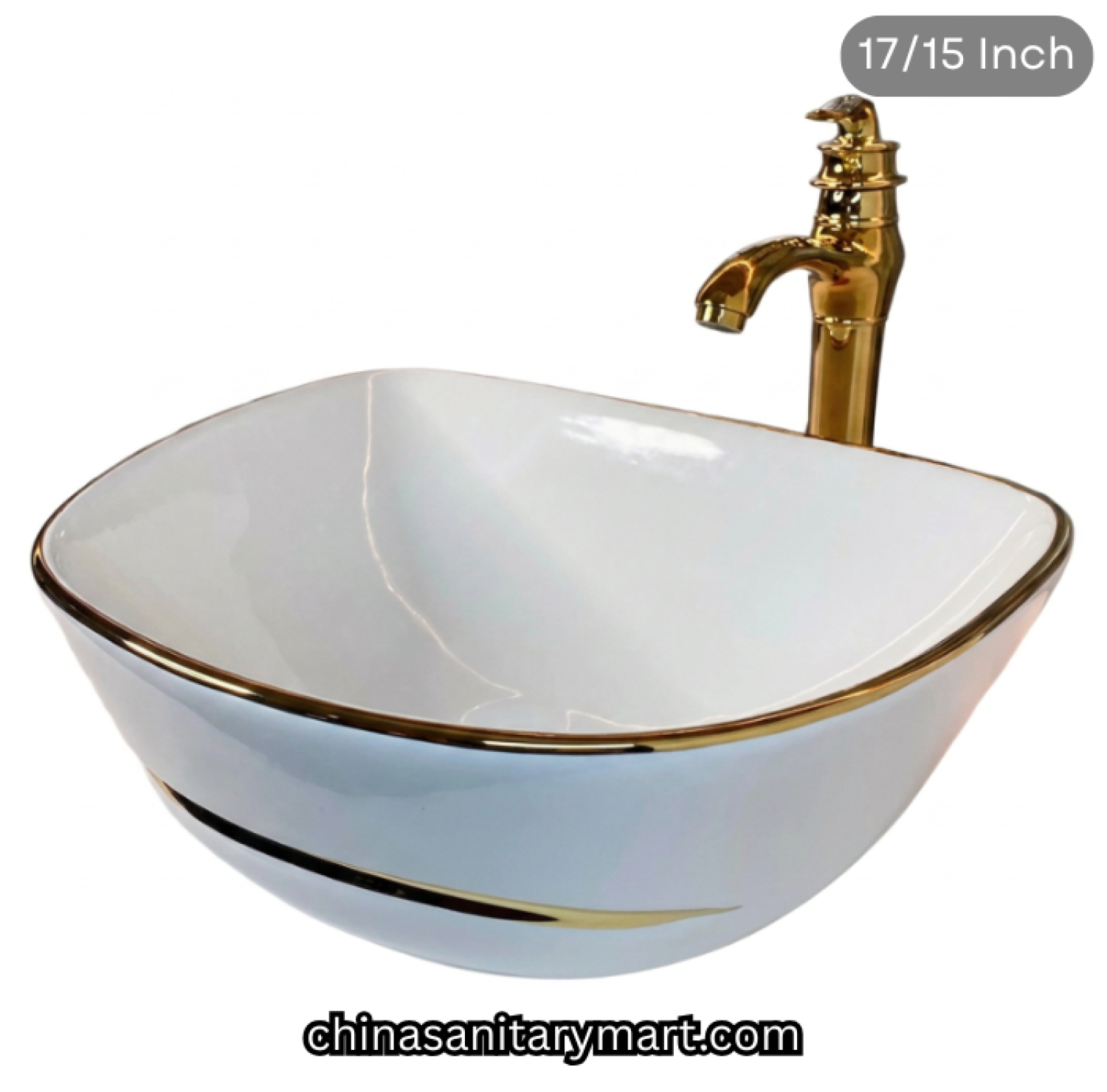 17x15 inch white golden line top basin, FT white gold basin, luxury designer countertop basin, white ceramic gold rim basin, golden line top basin