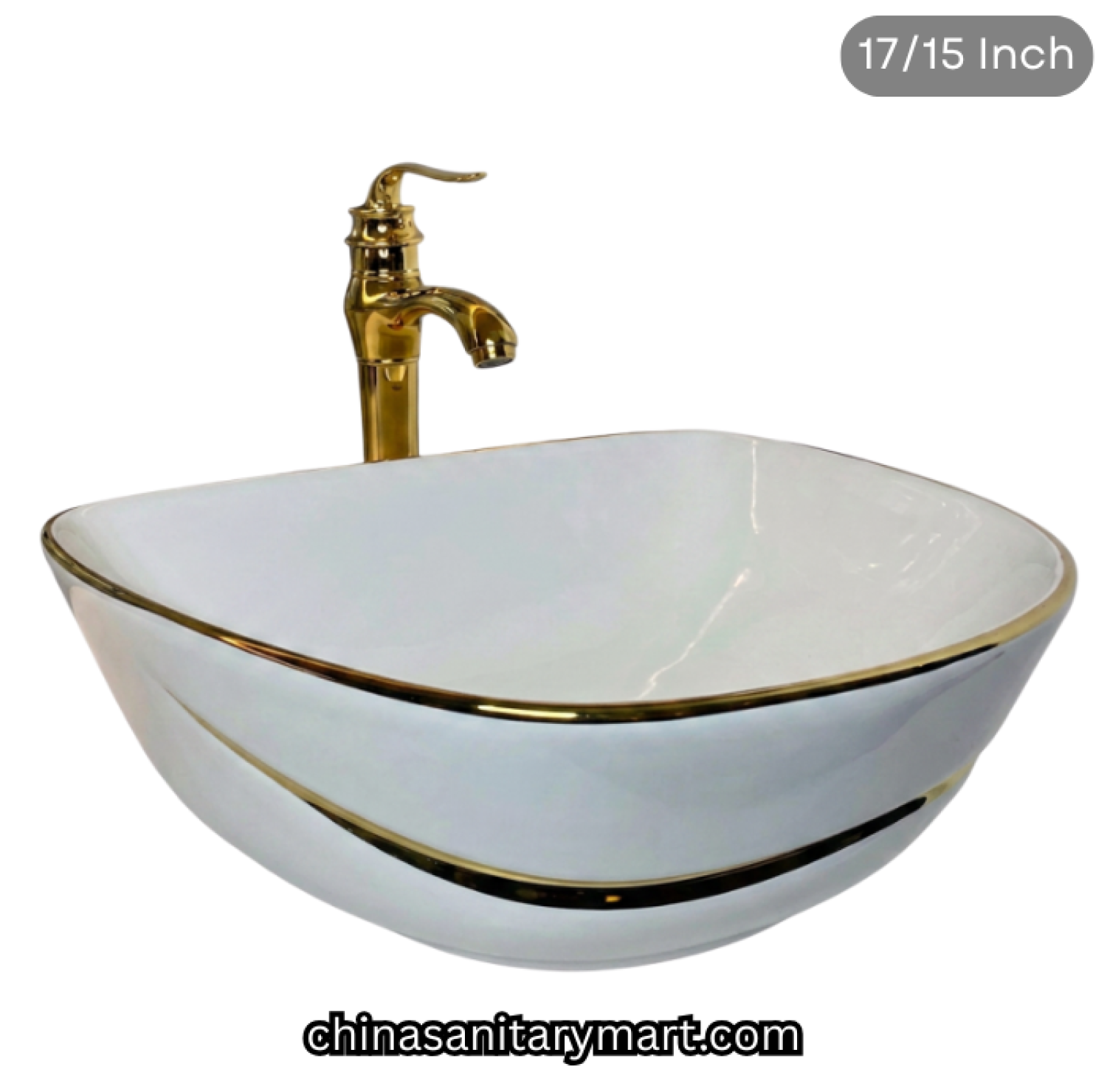 17x15 inch white golden line top basin, FT white gold basin, luxury designer countertop basin, white ceramic gold rim basin, golden line top basin