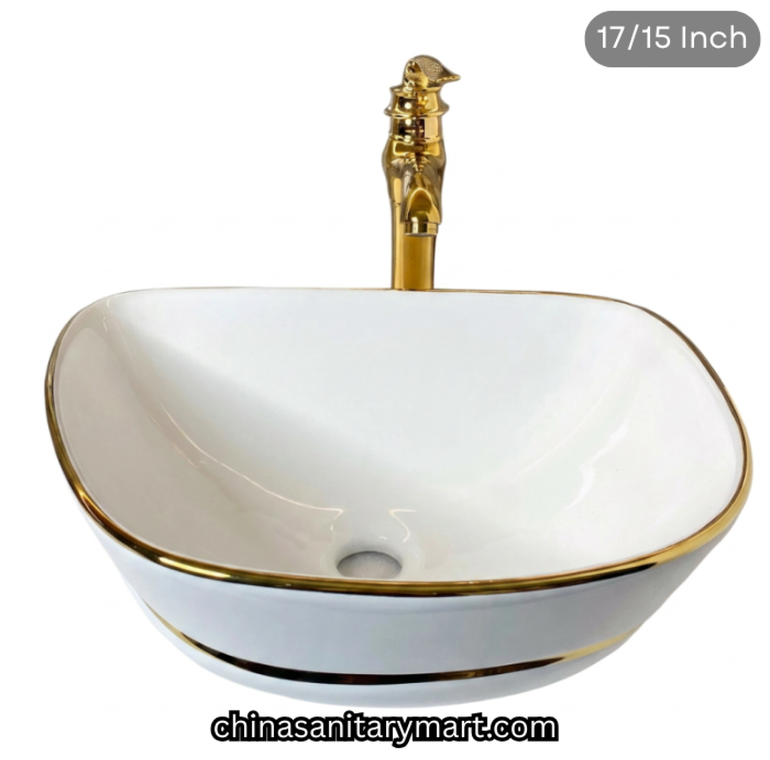 17x15 inch white golden line top basin, FT white gold basin, luxury designer countertop basin, white ceramic gold rim basin, golden line top basin