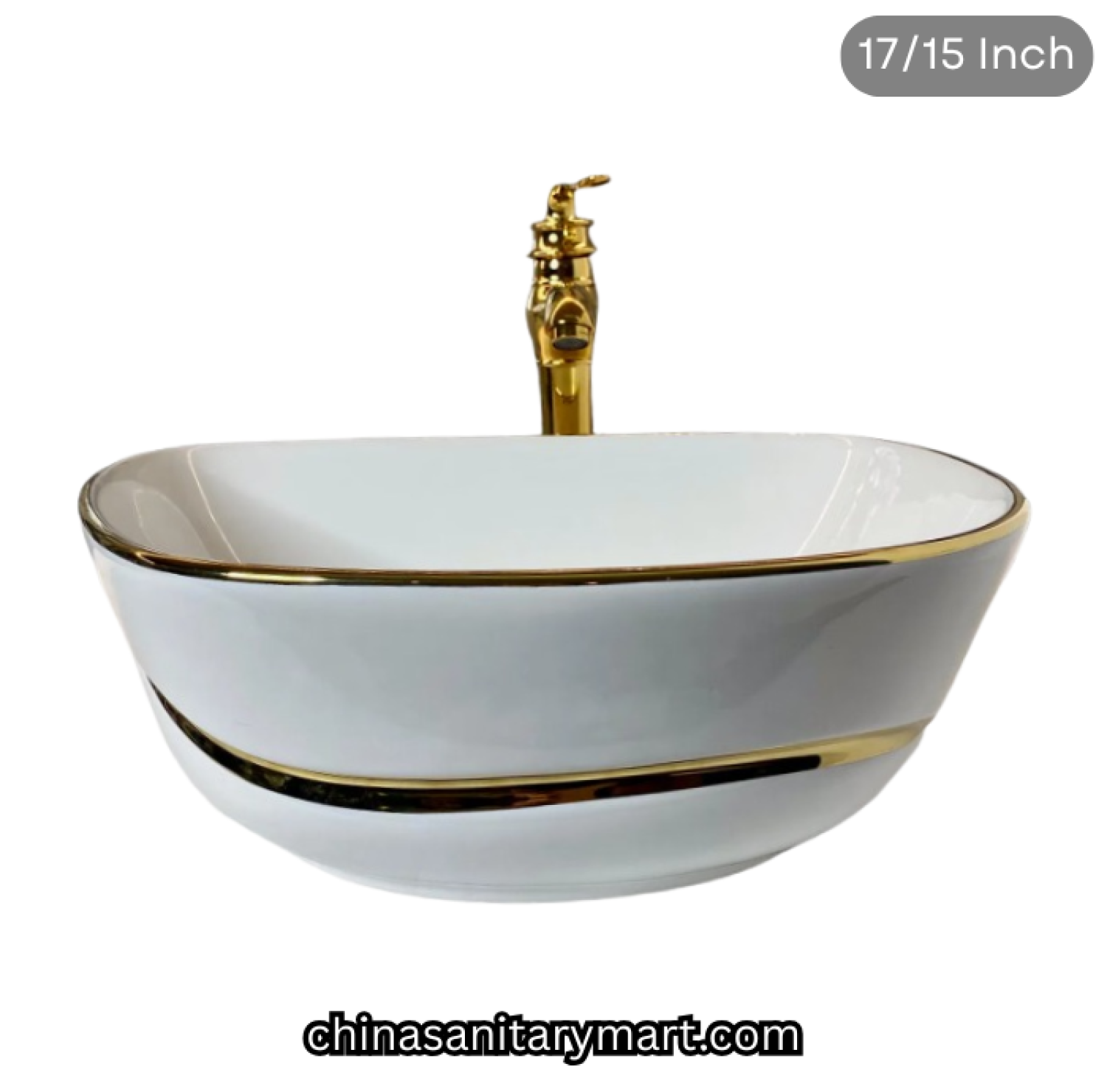 17x15 inch white golden line top basin, FT white gold basin, luxury designer countertop basin, white ceramic gold rim basin, golden line top basin