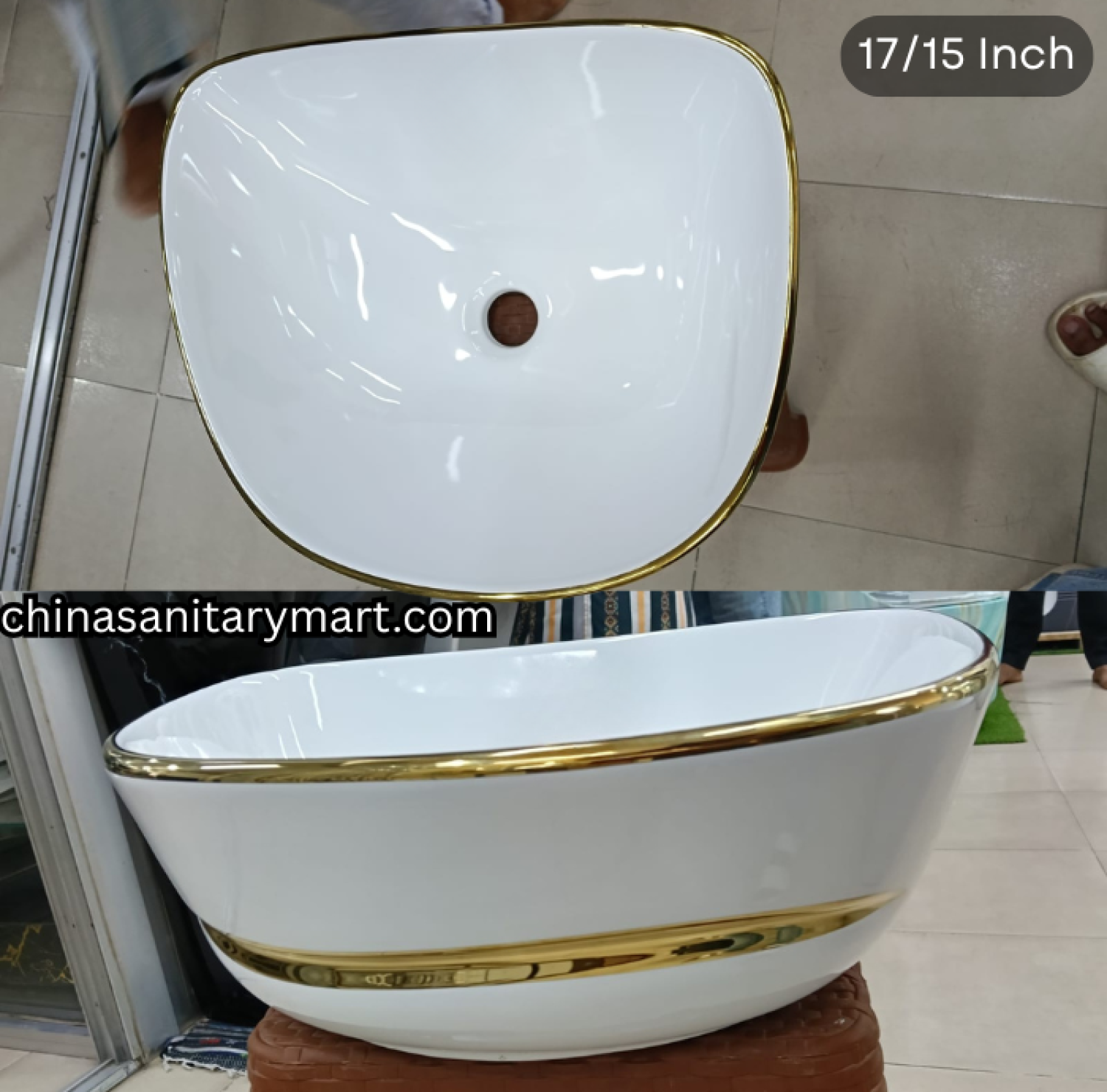 17x15 inch white golden line top basin, FT white gold basin, luxury designer countertop basin, white ceramic gold rim basin, golden line top basin