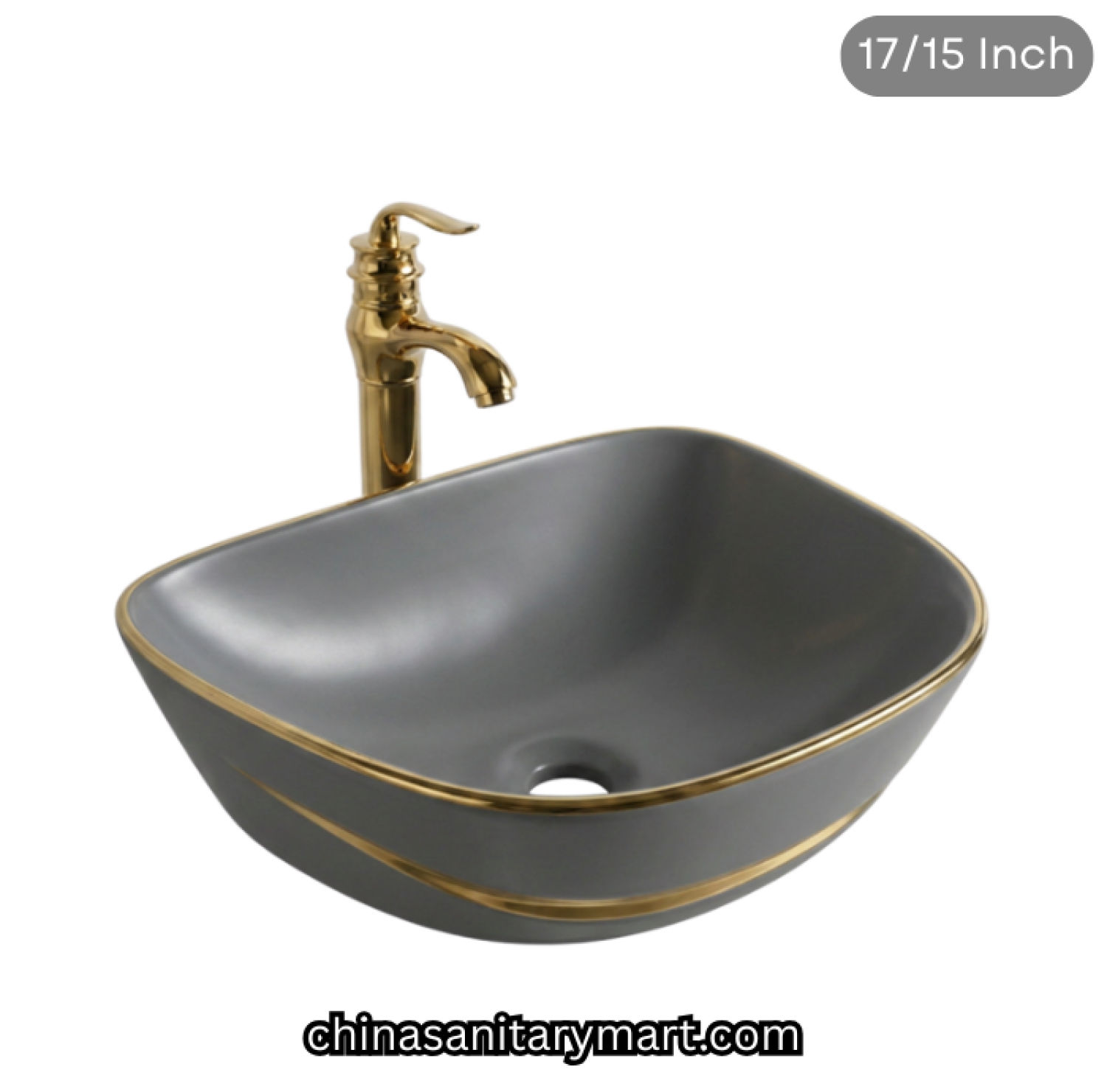 17 x 15 inch grey golden line top basin, FT grey gold basin, luxury designer countertop basin, grey ceramic gold rim basin, golden line top basin