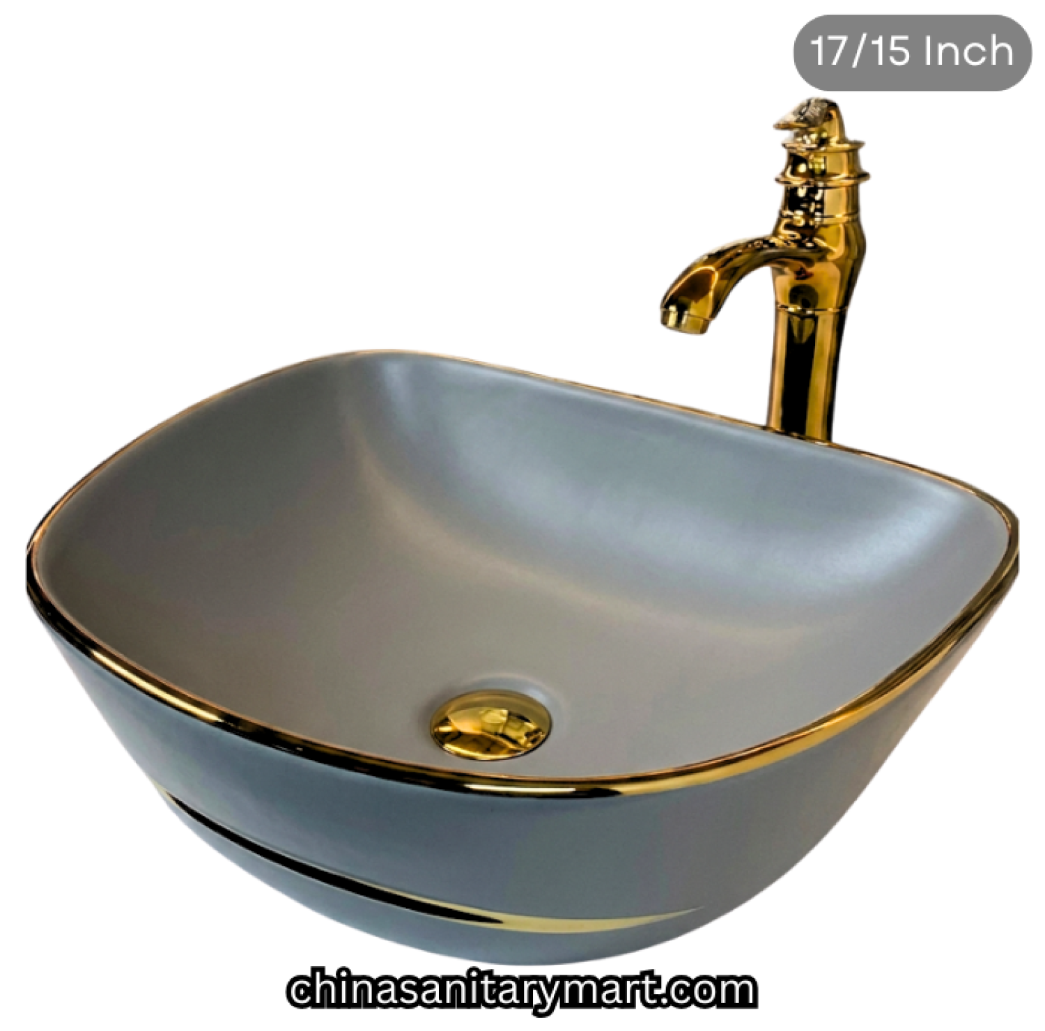 17 x 15 inch grey golden line top basin, FT grey gold basin, luxury designer countertop basin, grey ceramic gold rim basin, golden line top basin