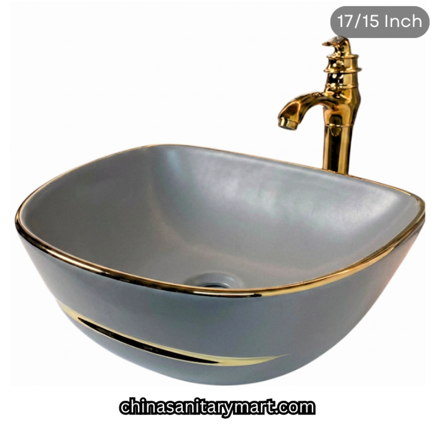 17 x 15 inch grey golden line top basin, FT grey gold basin, luxury designer countertop basin, grey ceramic gold rim basin, golden line top basin