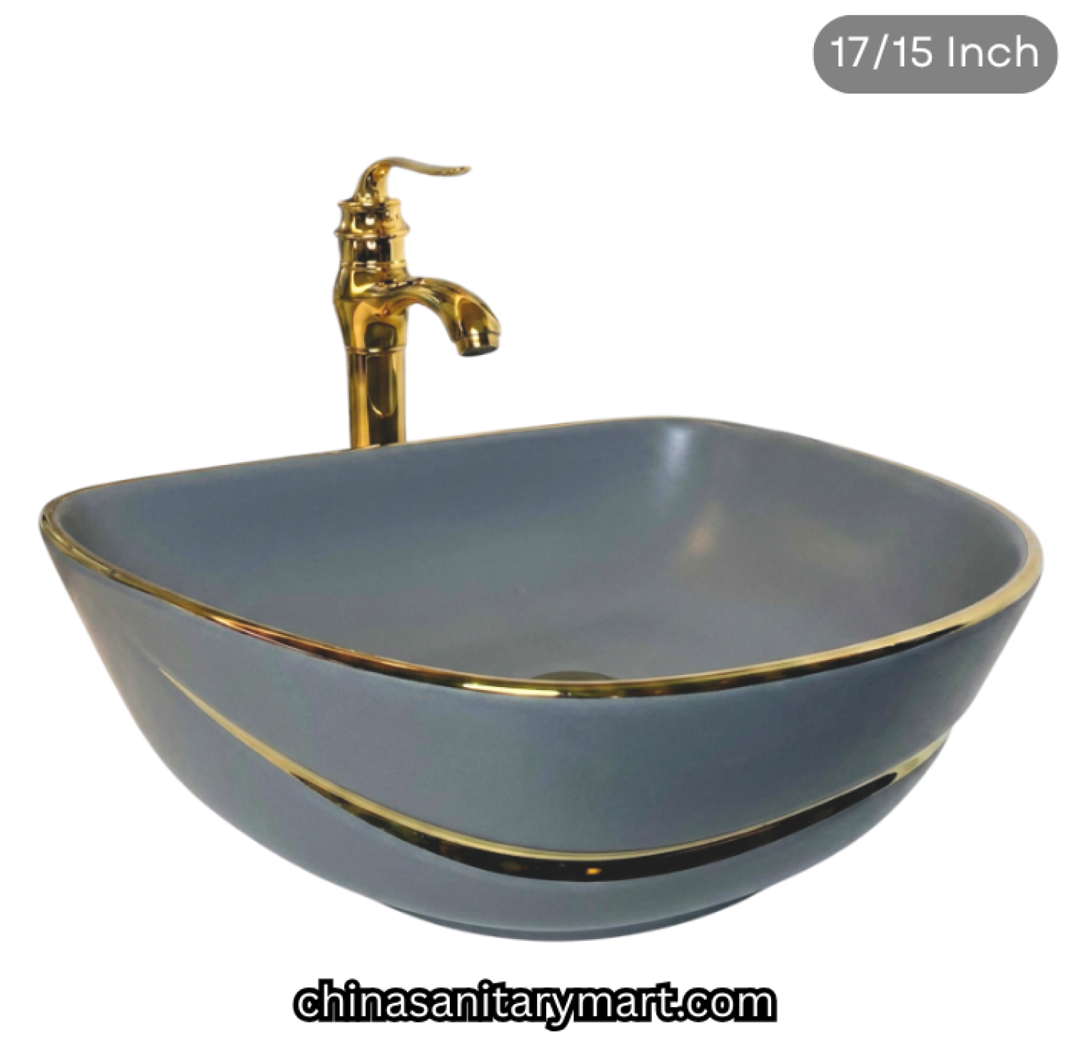 17 x 15 inch grey golden line top basin, FT grey gold basin, luxury designer countertop basin, grey ceramic gold rim basin, golden line top basin