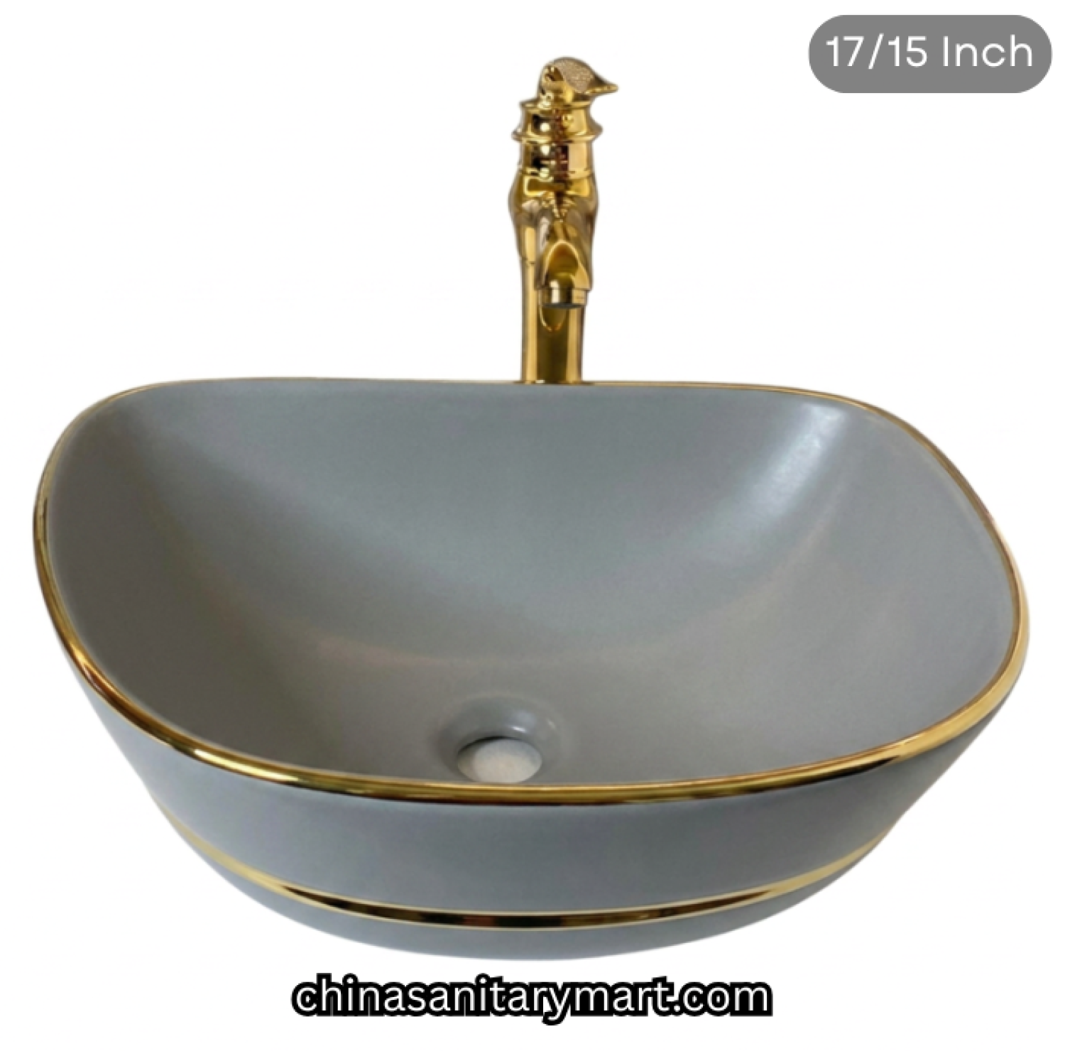 17 x 15 inch grey golden line top basin, FT grey gold basin, luxury designer countertop basin, grey ceramic gold rim basin, golden line top basin