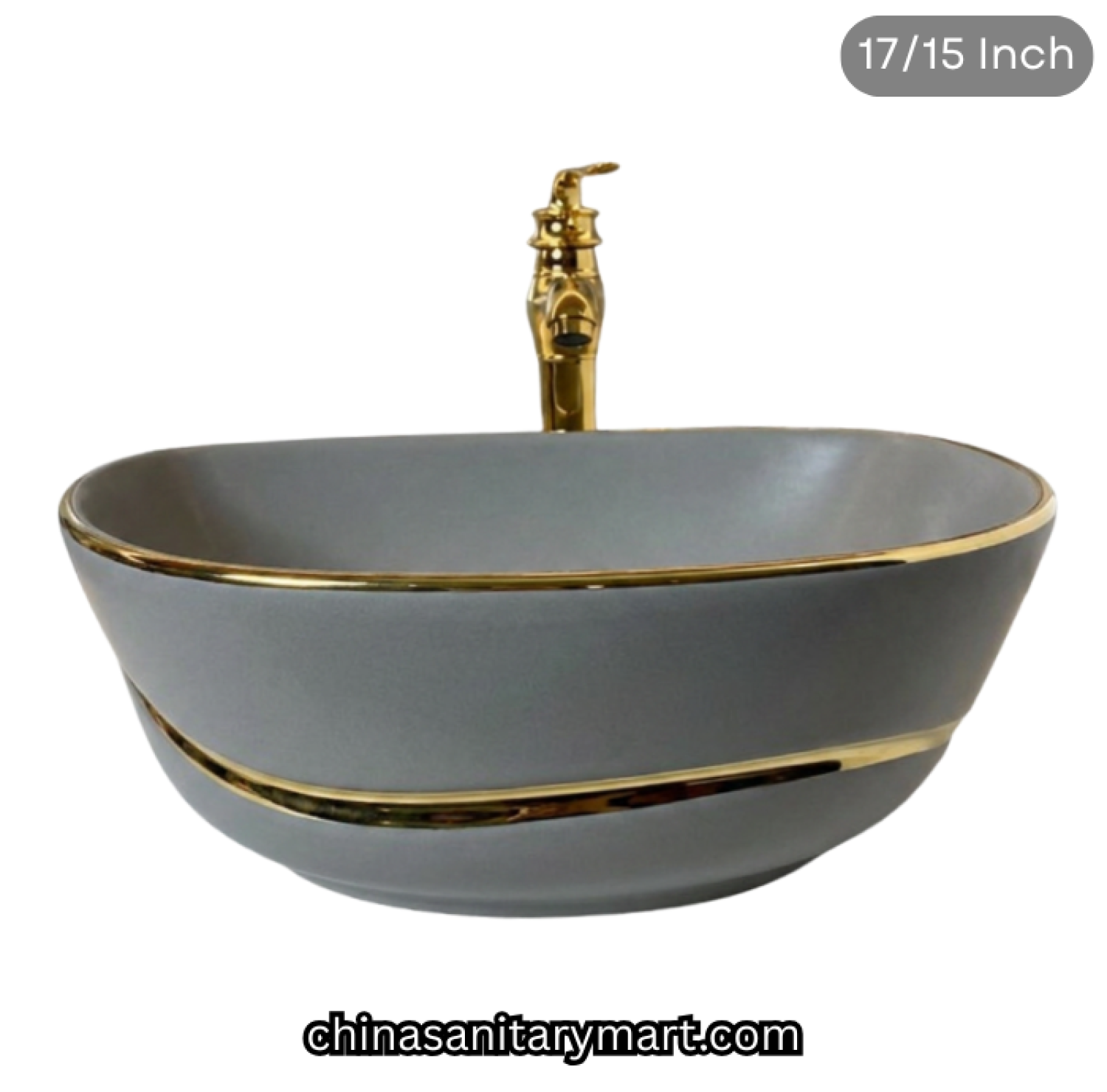 17 x 15 inch grey golden line top basin, FT grey gold basin, luxury designer countertop basin, grey ceramic gold rim basin, golden line top basin