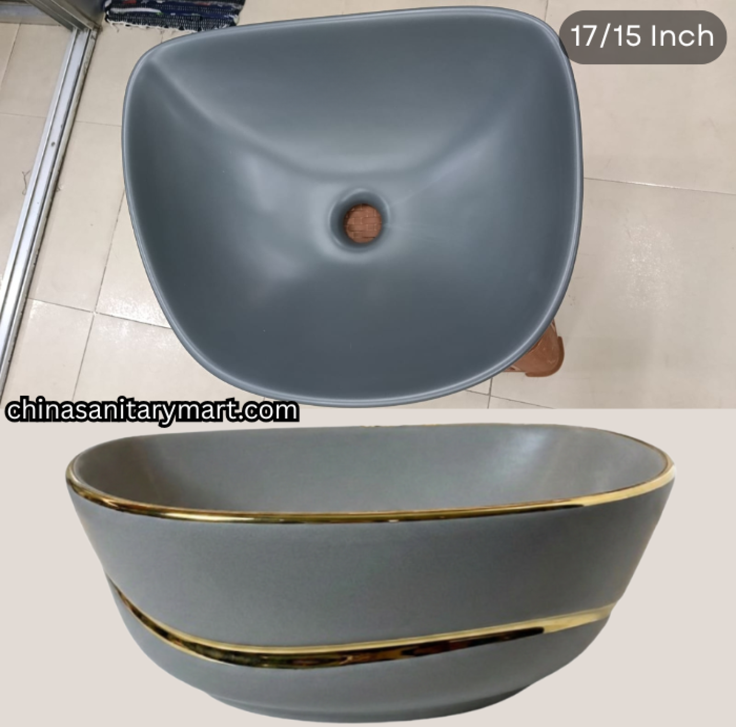 17 x 15 inch grey golden line top basin, FT grey gold basin, luxury designer countertop basin, grey ceramic gold rim basin, golden line top basin