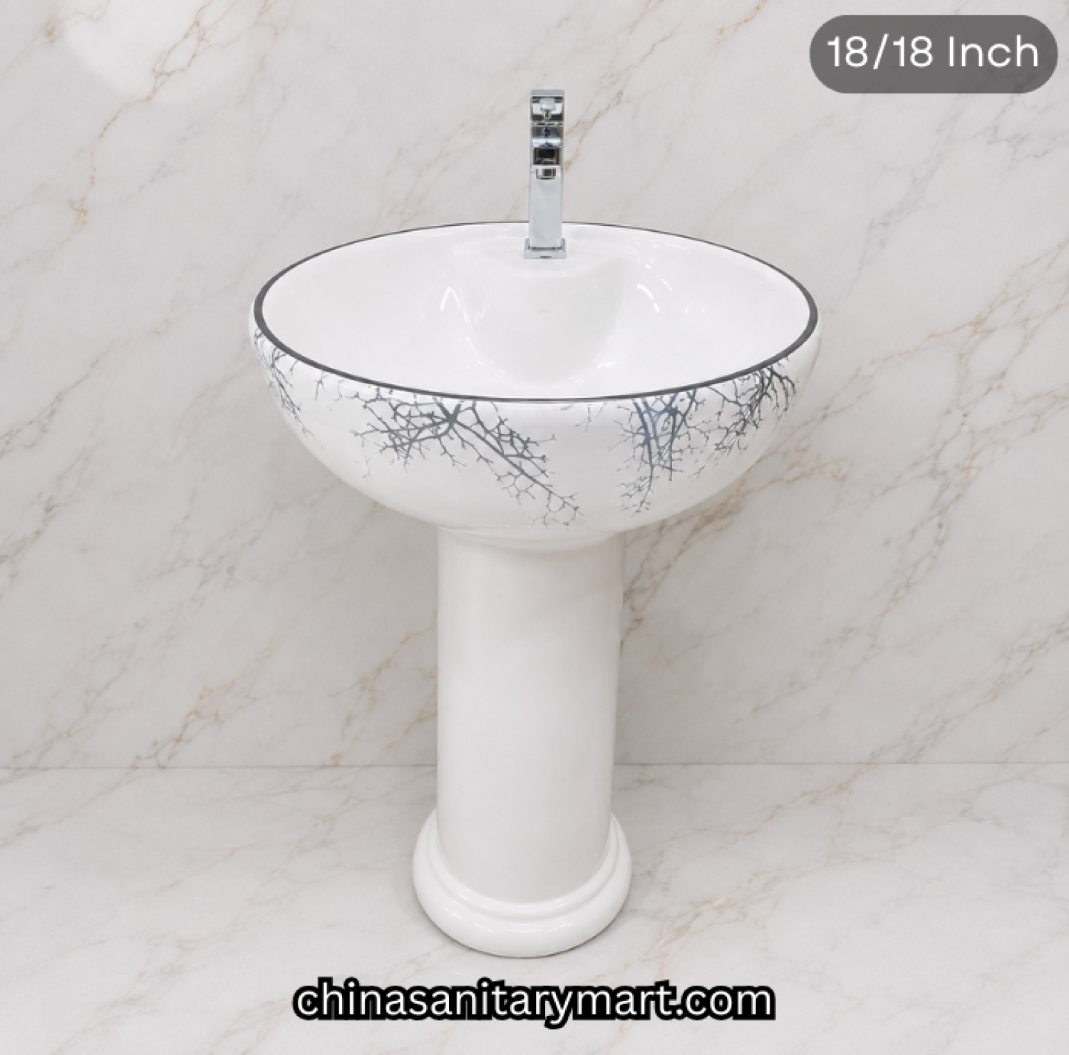 18x18 inch RS02 SMOON decor pedestal basin, white ceramic wash basin, black branch pattern basin, decorative pedestal basin, SMOON bathroom basin
