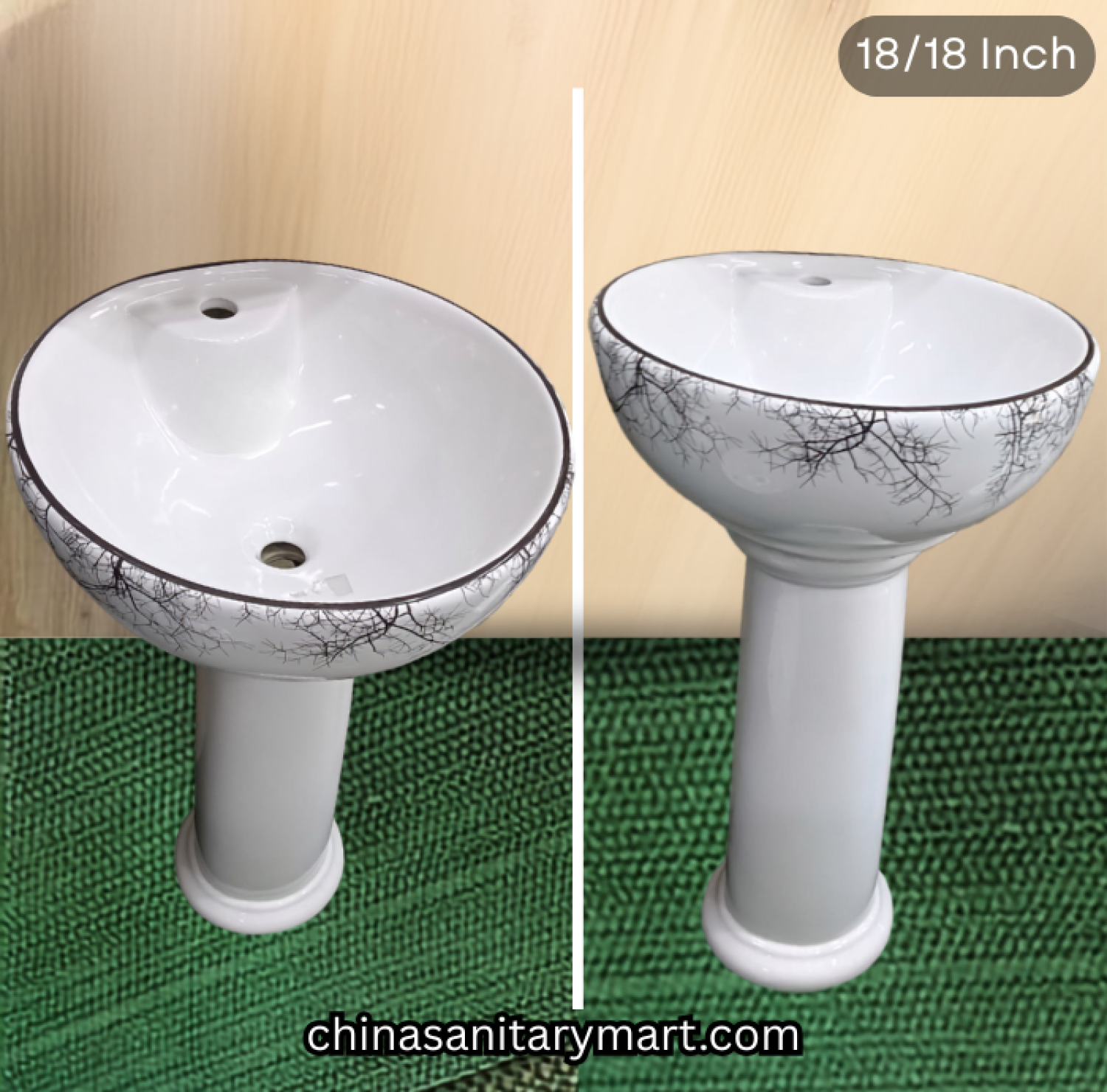 18x18 inch RS02 SMOON decor pedestal basin, white ceramic wash basin, black branch pattern basin, decorative pedestal basin, SMOON bathroom basin