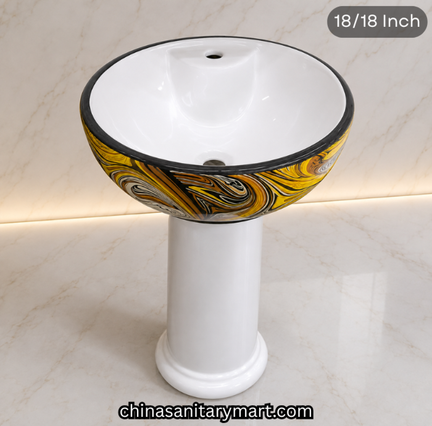 18x18 inch RS04 SMOON decor pedestal basin, golden swirl pattern basin, multicolor ceramic wash basin, luxury decorative pedestal basin, designer bathroom basin
