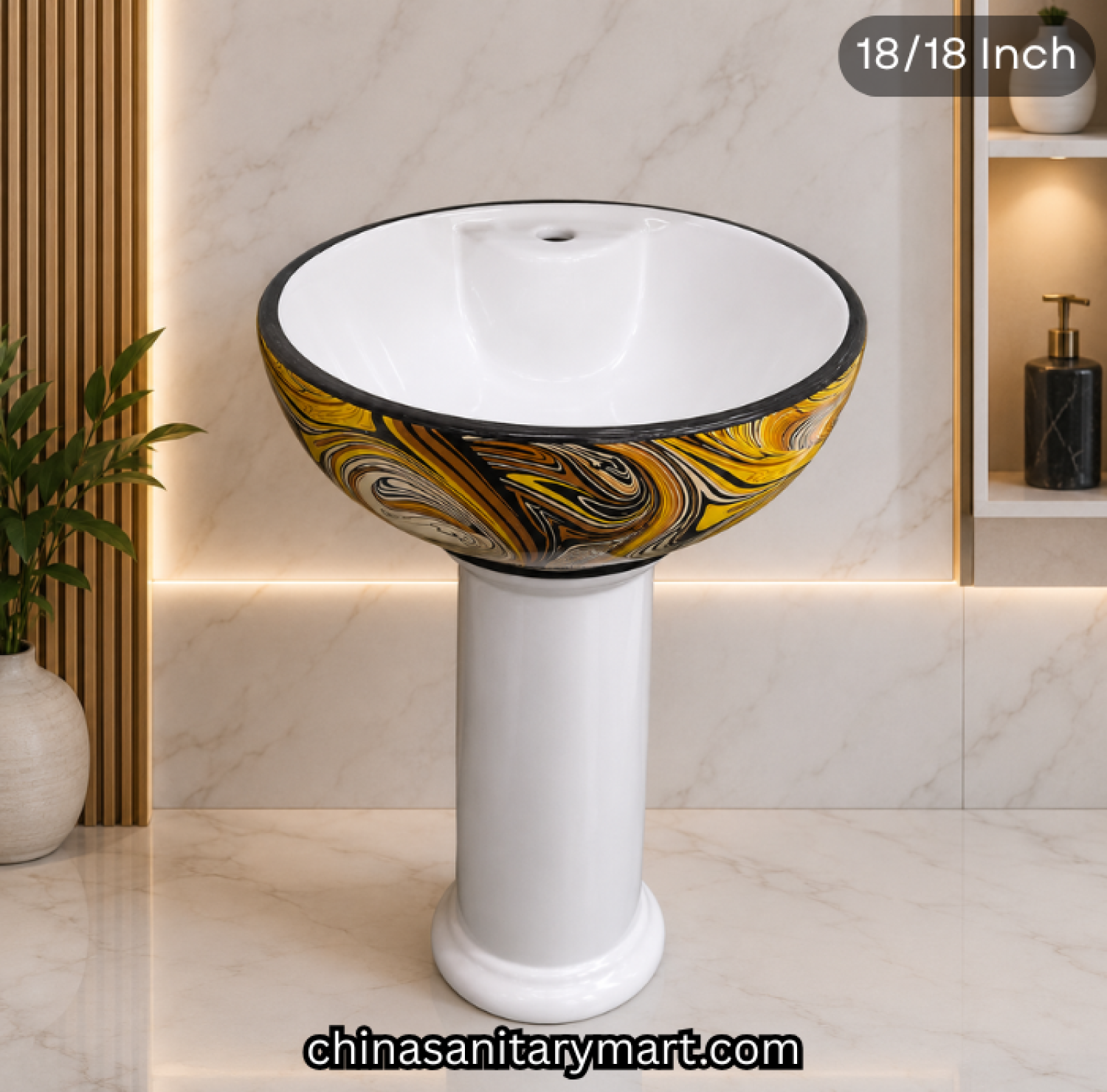18x18 inch RS04 SMOON decor pedestal basin, golden swirl pattern basin, multicolor ceramic wash basin, luxury decorative pedestal basin, designer bathroom basin