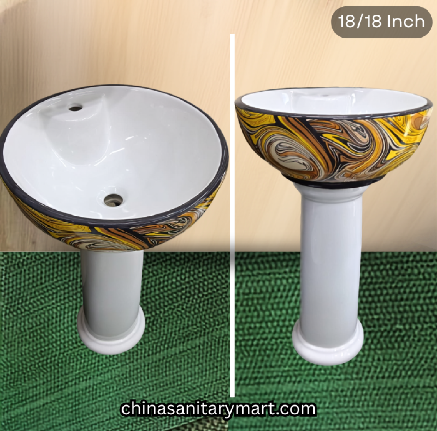 18x18 inch RS04 SMOON decor pedestal basin, golden swirl pattern basin, multicolor ceramic wash basin, luxury decorative pedestal basin, designer bathroom basin
