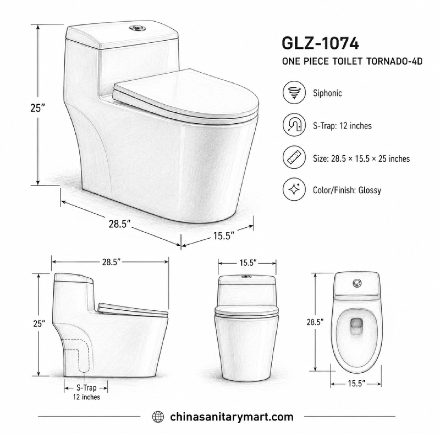 GLZ-1074 One Piece Toilet Tornado-4D, 12 inch S-Trap toilet, rimless siphonic toilet, soft close toilet, fully glazed trapway, 28.5x15.5x25 inch toilet