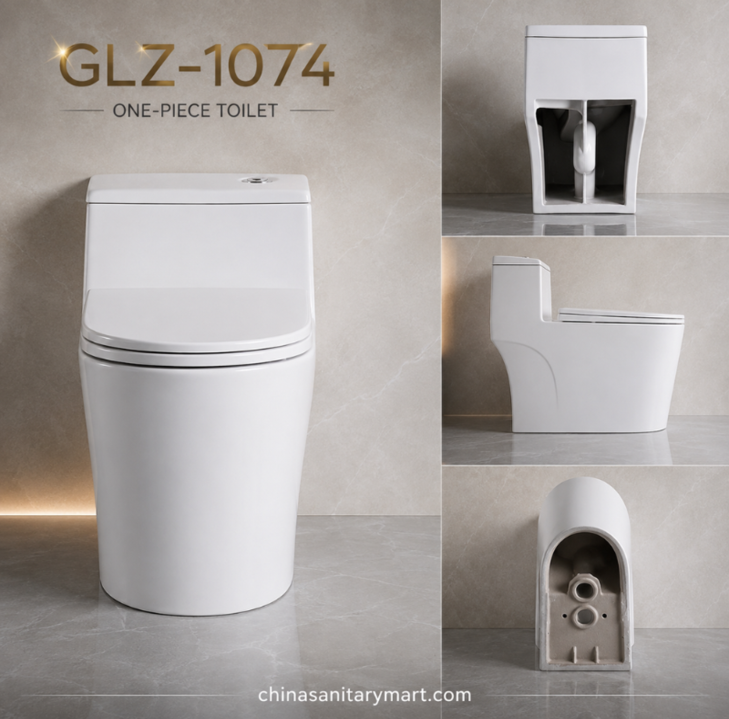 GLZ-1074 One Piece Toilet Tornado-4D, 12 inch S-Trap toilet, rimless siphonic toilet, soft close toilet, fully glazed trapway, 28.5x15.5x25 inch toilet
