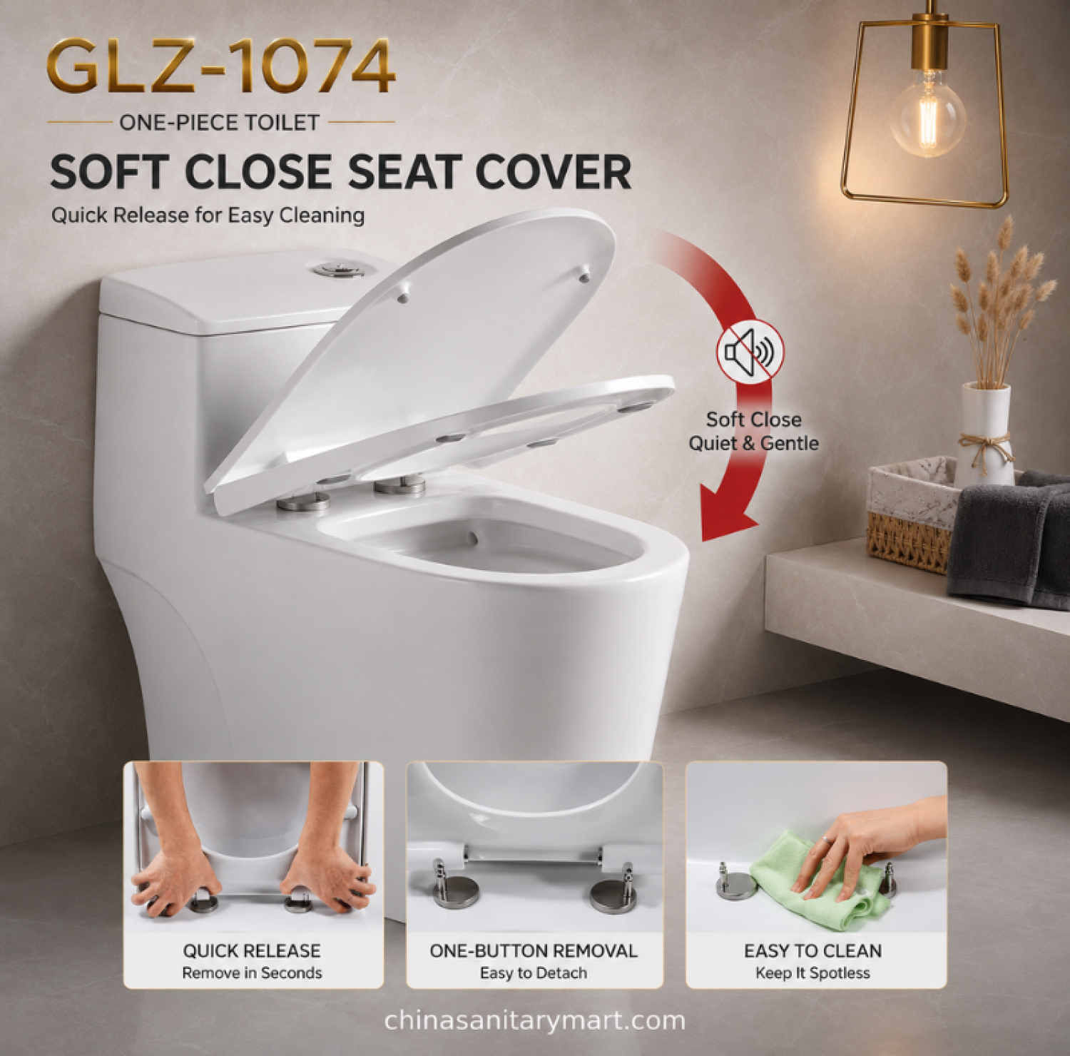 GLZ-1074 One Piece Toilet Tornado-4D, 12 inch S-Trap toilet, rimless siphonic toilet, soft close toilet, fully glazed trapway, 28.5x15.5x25 inch toilet