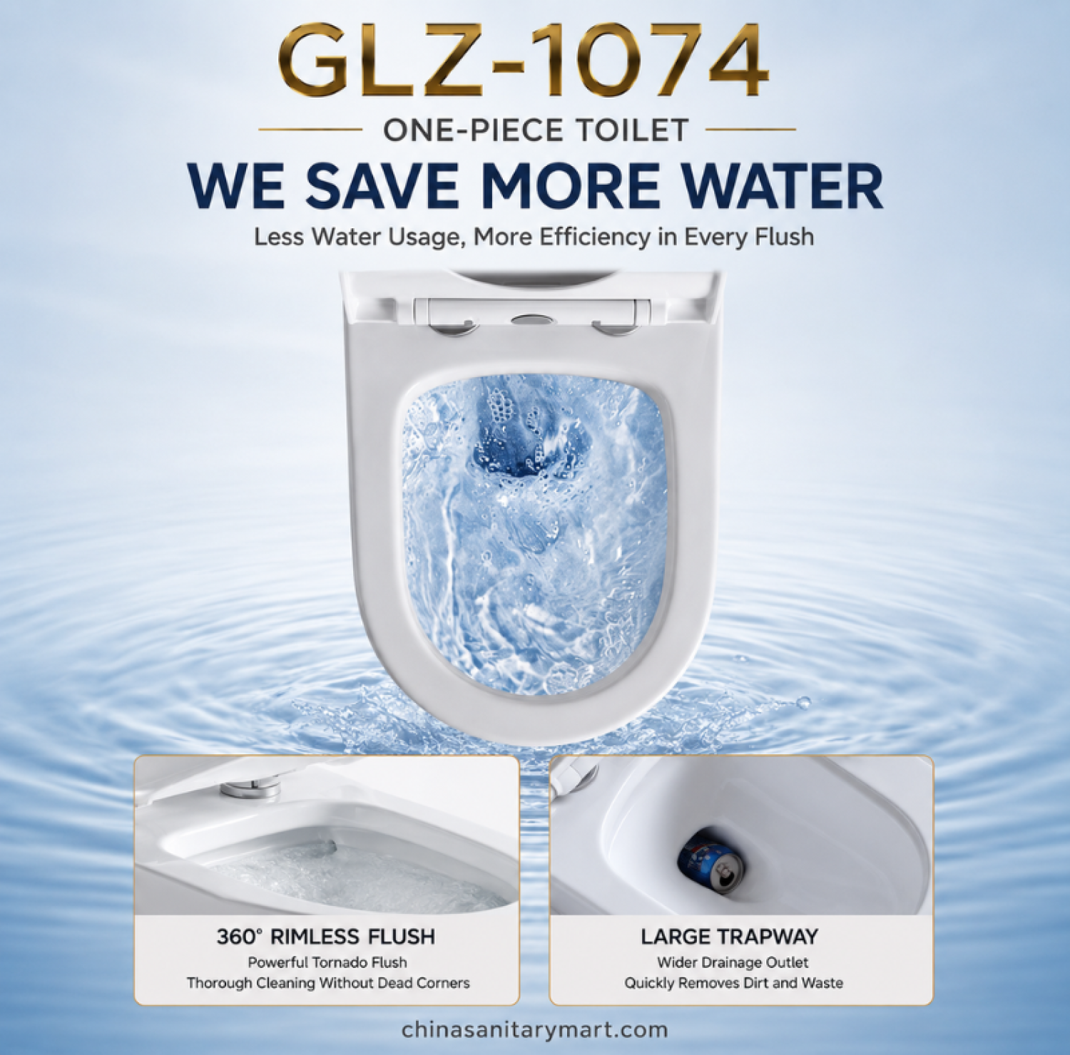 GLZ-1074 One Piece Toilet Tornado-4D, 12 inch S-Trap toilet, rimless siphonic toilet, soft close toilet, fully glazed trapway, 28.5x15.5x25 inch toilet