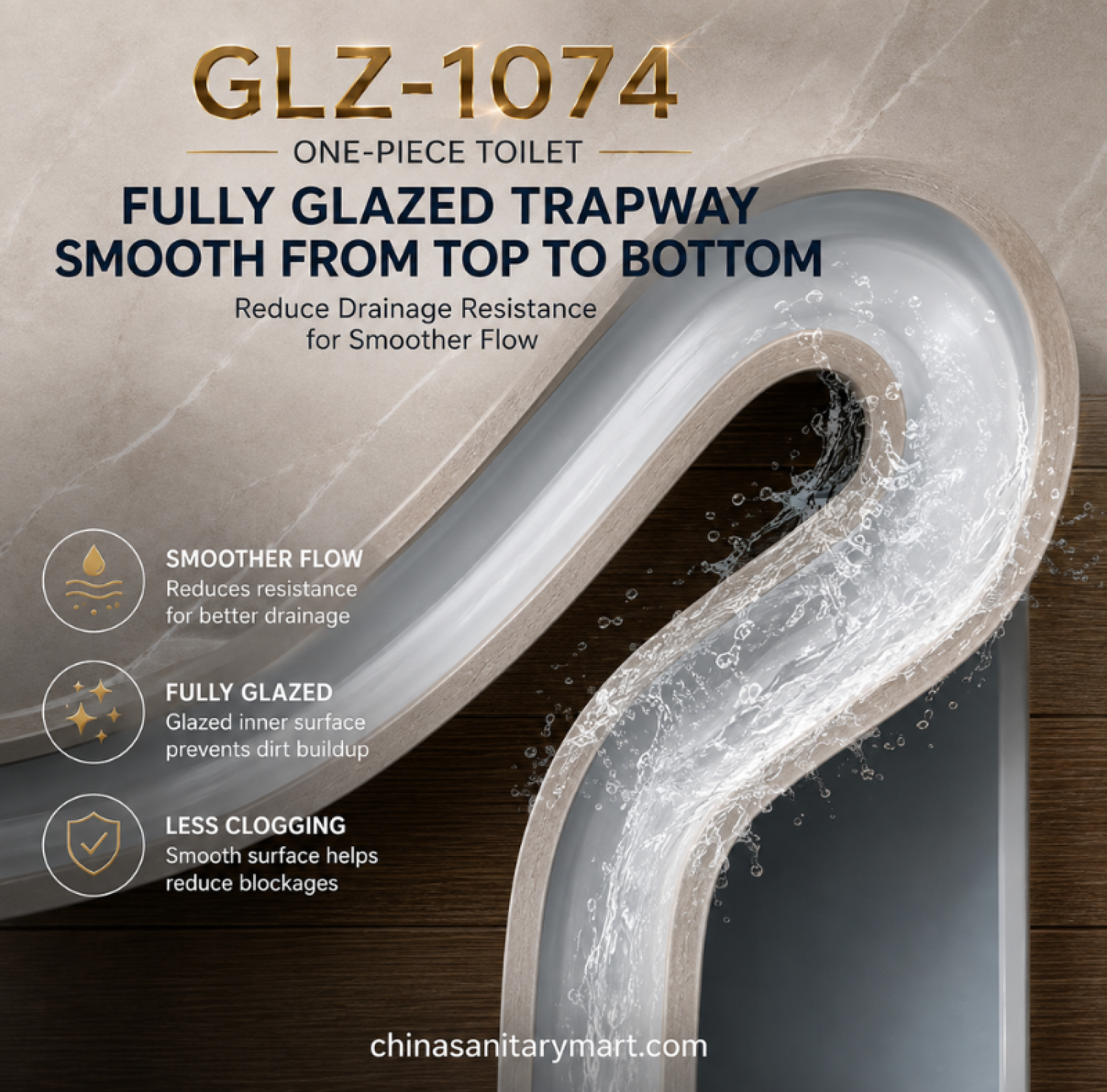 GLZ-1074 One Piece Toilet Tornado-4D, 12 inch S-Trap toilet, rimless siphonic toilet, soft close toilet, fully glazed trapway, 28.5x15.5x25 inch toilet