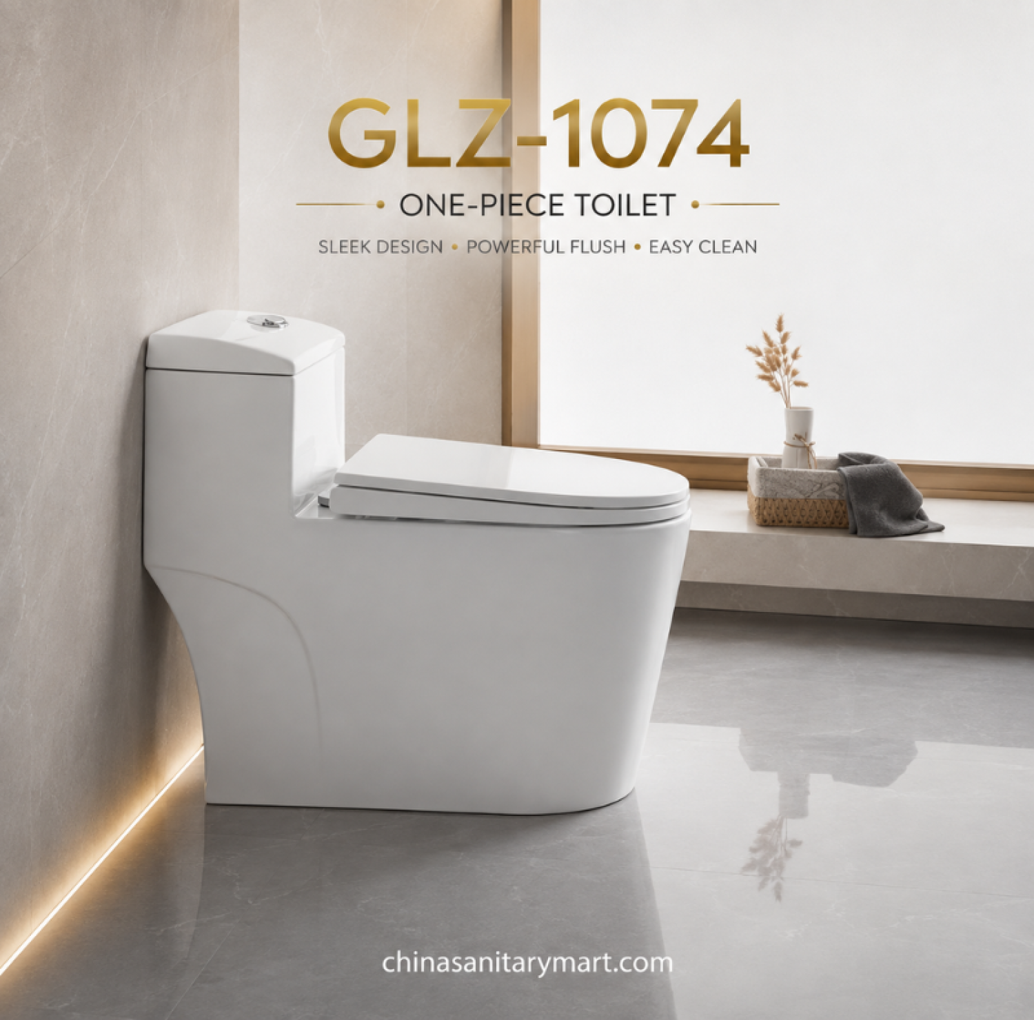 GLZ-1074 One Piece Toilet Tornado-4D, 12 inch S-Trap toilet, rimless siphonic toilet, soft close toilet, fully glazed trapway, 28.5x15.5x25 inch toilet