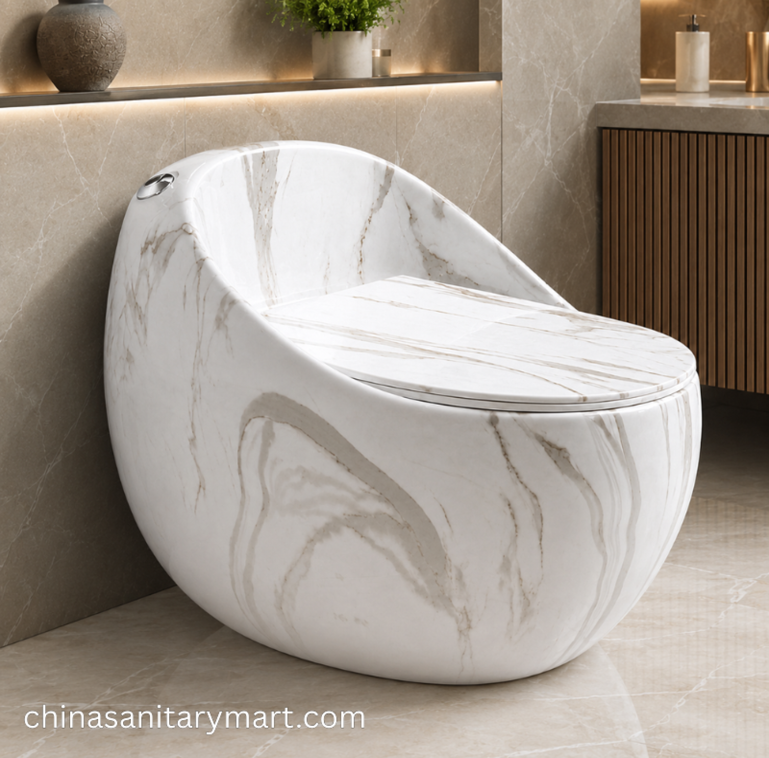 White marble egg shape commode, luxury one piece toilet, egg shape toilet, marble effect commode, modern white marble toilet, premium bathroom commode