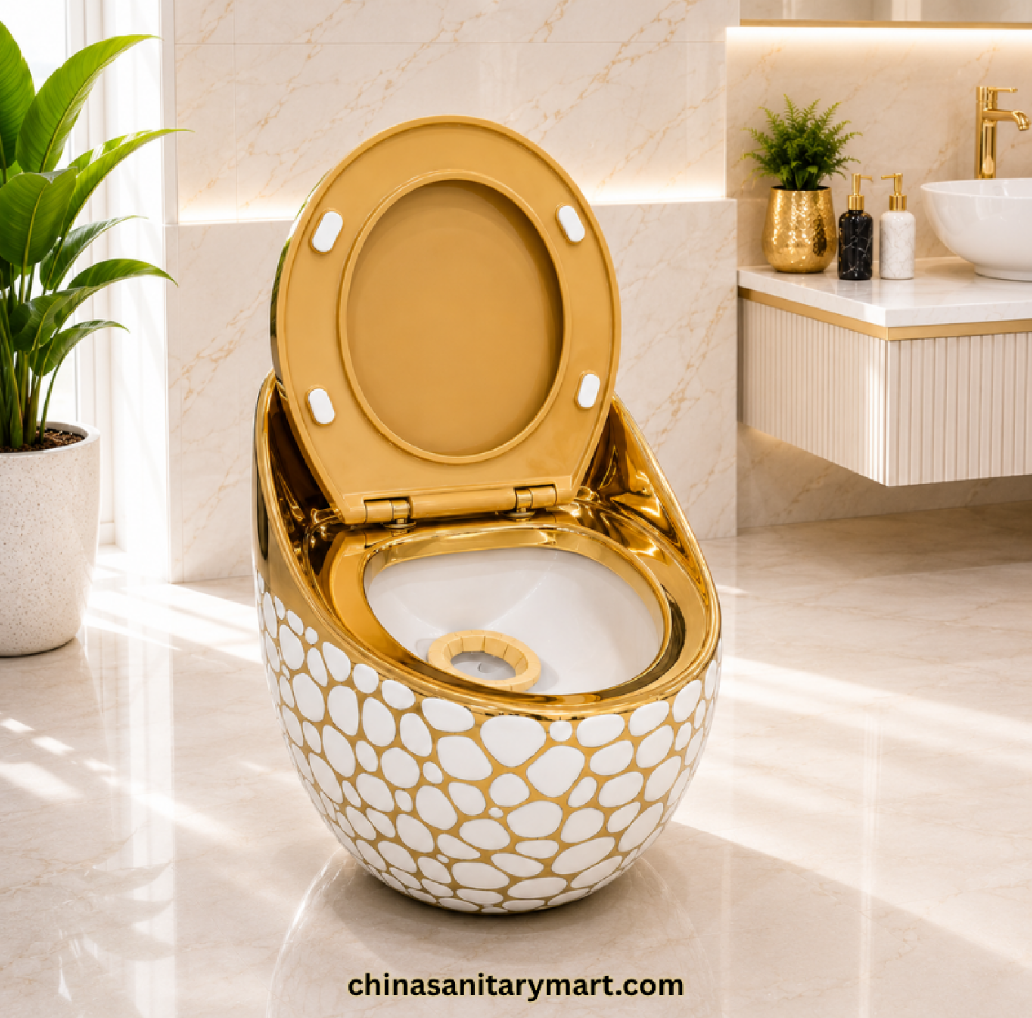 Golden Bubble Print Egg Shape Commode, 26x18 inch golden toilet, luxury designer commode, golden egg shape toilet, white bubble print commode