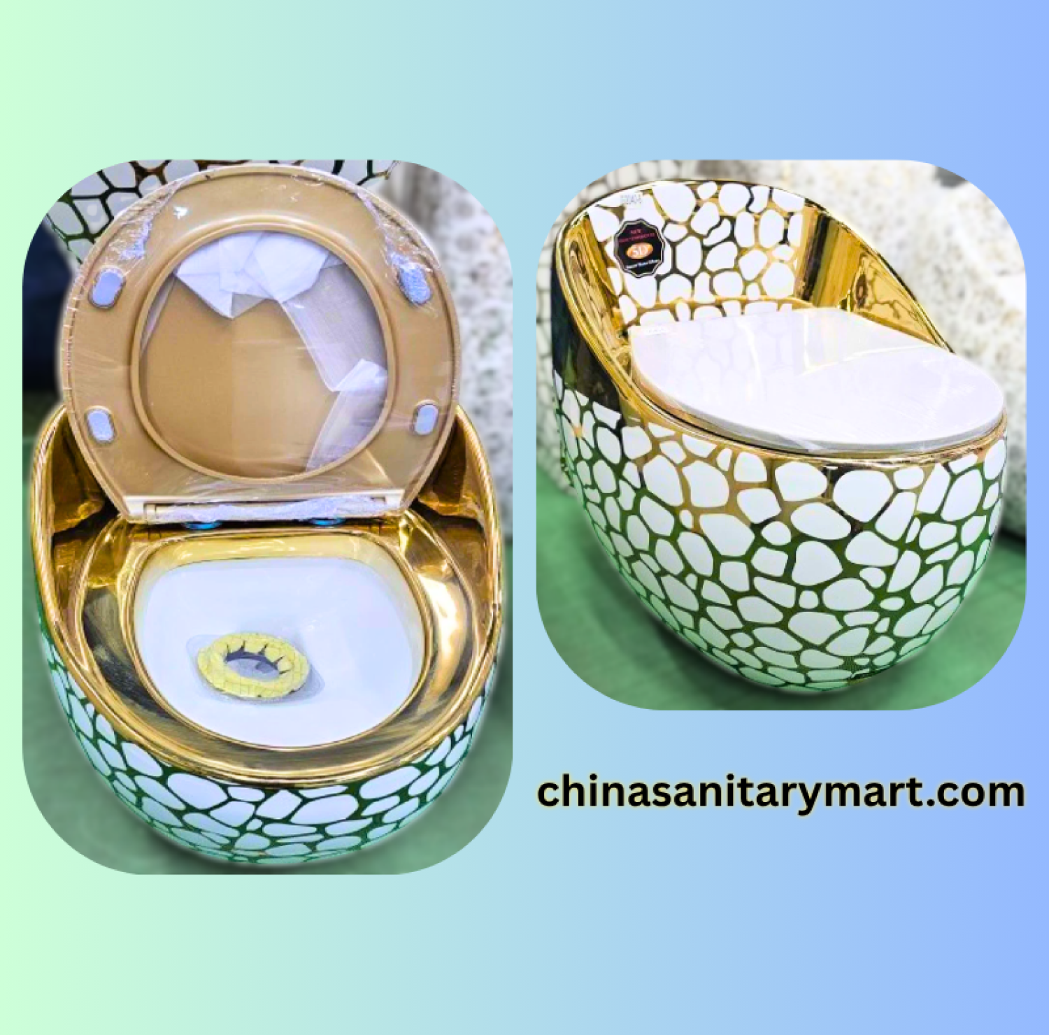 Golden Bubble Print Egg Shape Commode, 26x18 inch golden toilet, luxury designer commode, golden egg shape toilet, white bubble print commode