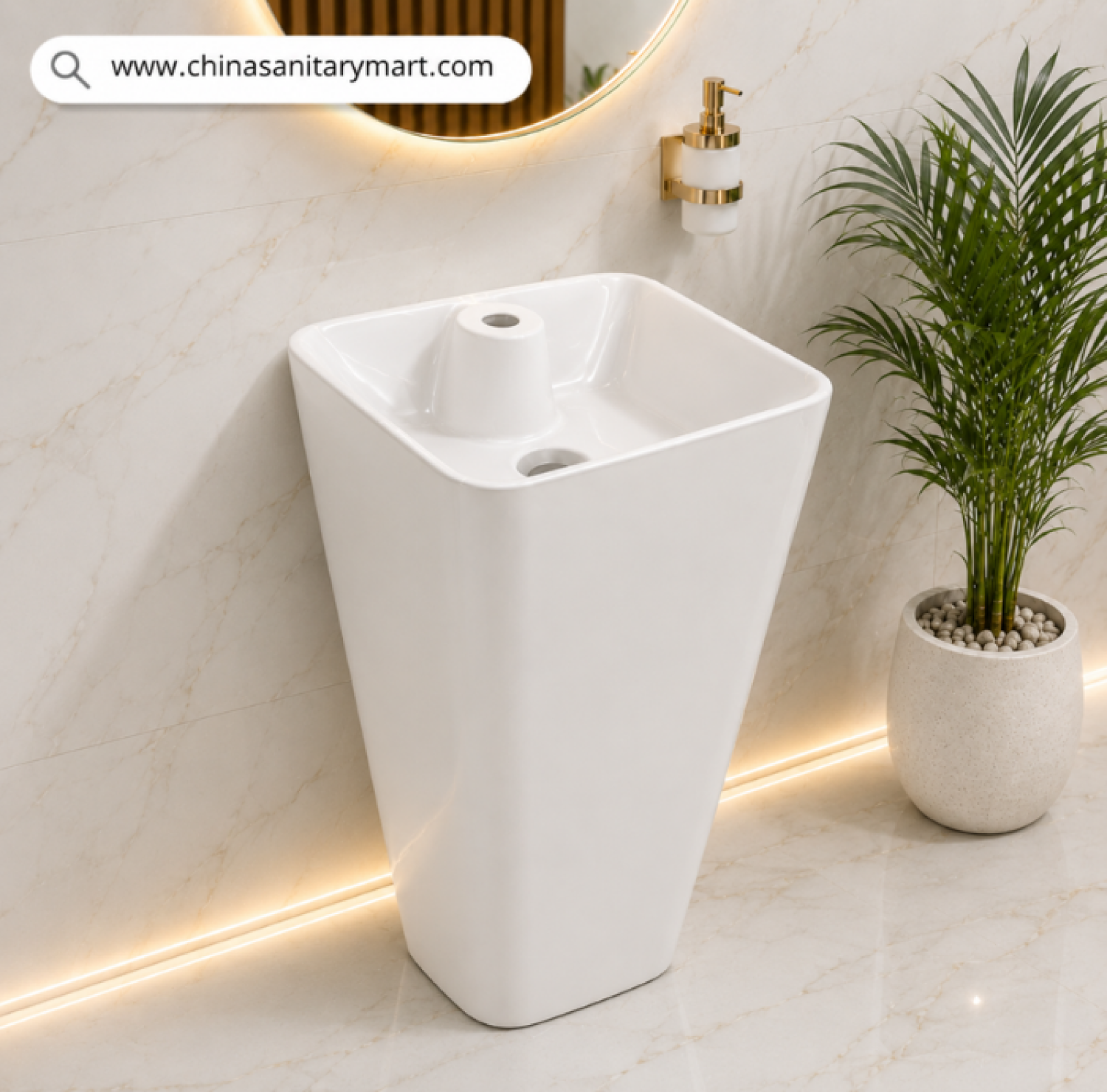304W White Drum Basin Square, 17x14x33 inch white basin, floor standing drum basin, square ceramic basin, tall modern bathroom basin