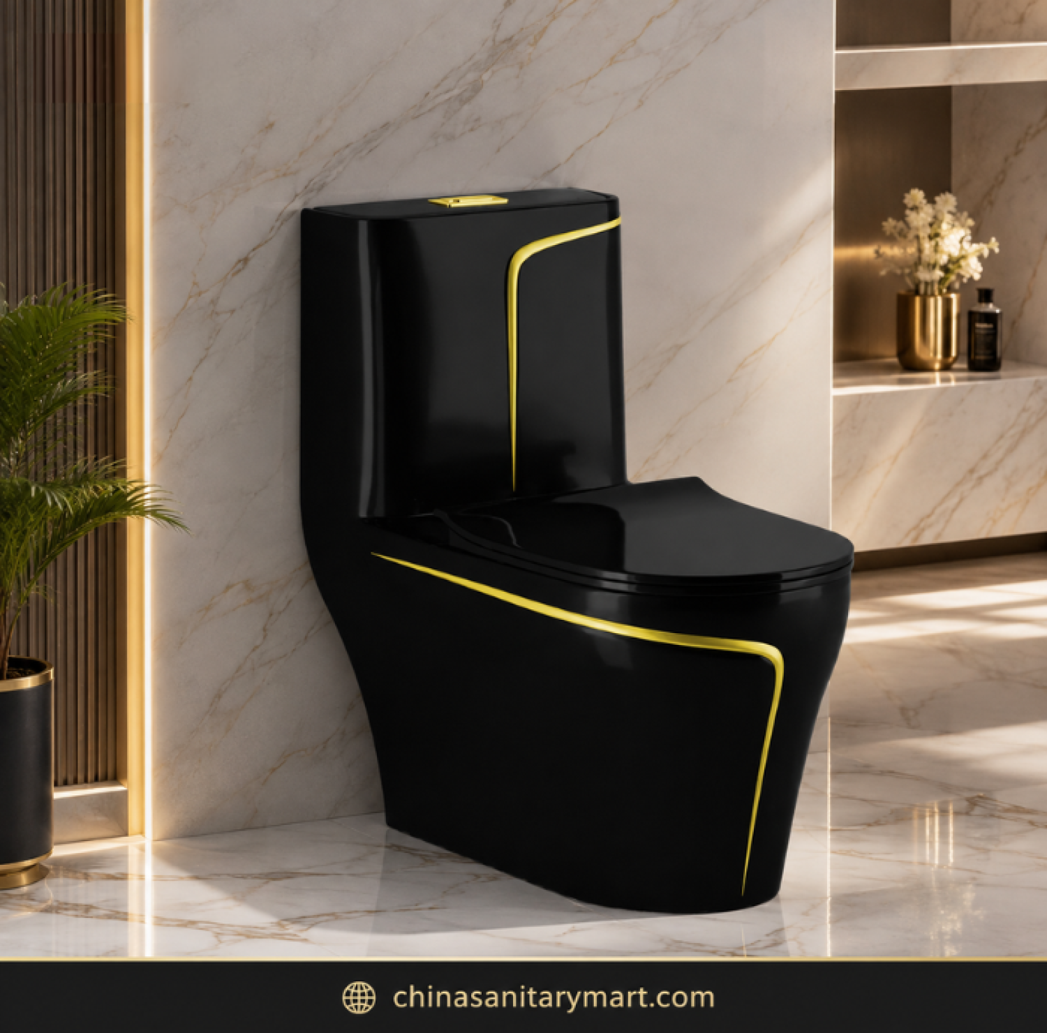 Black Gold Commode SH-2858, luxury black gold toilet, designer one piece commode, black commode with gold line, modern luxury toilet