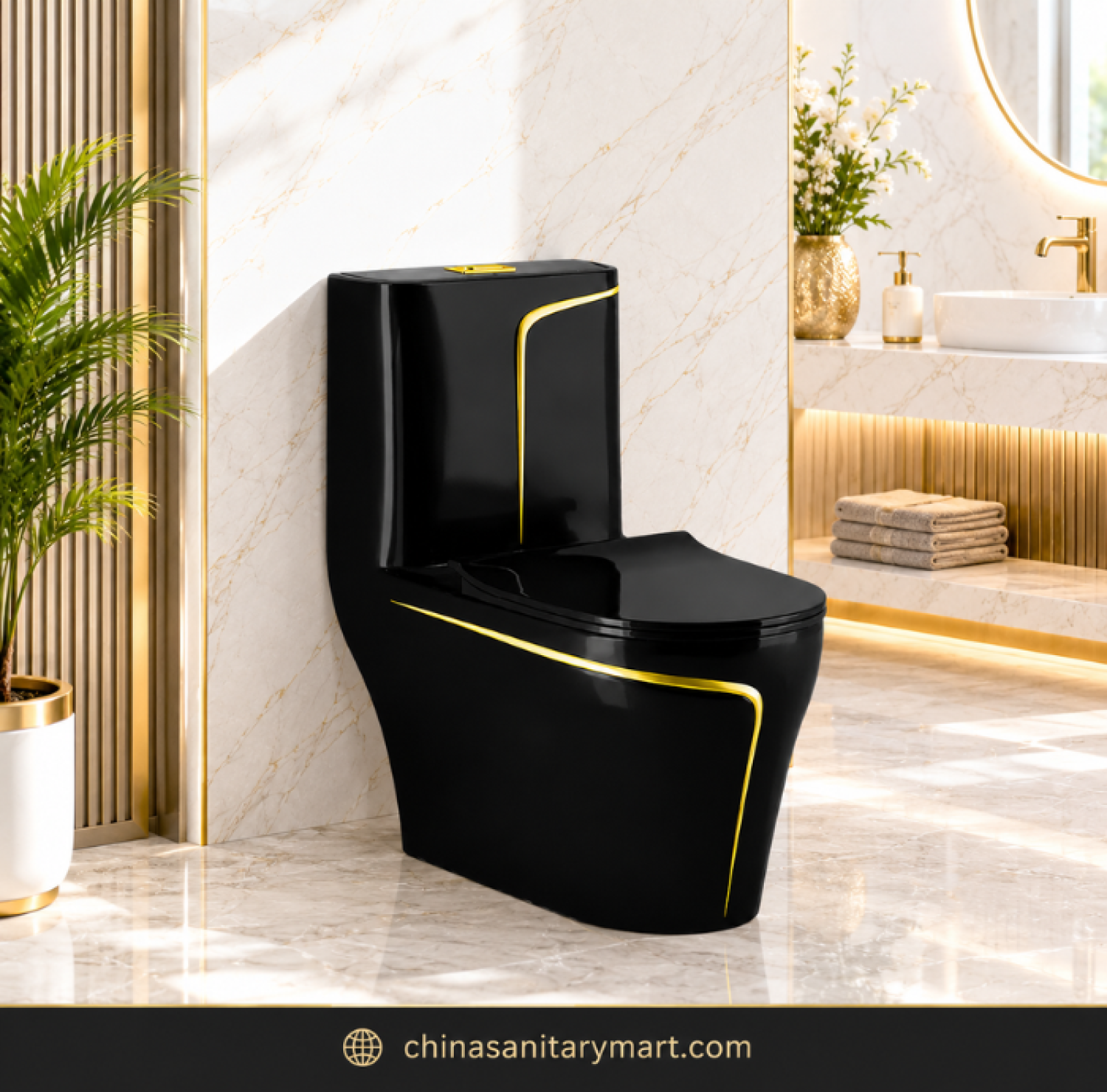 Black Gold Commode SH-2858, luxury black gold toilet, designer one piece commode, black commode with gold line, modern luxury toilet