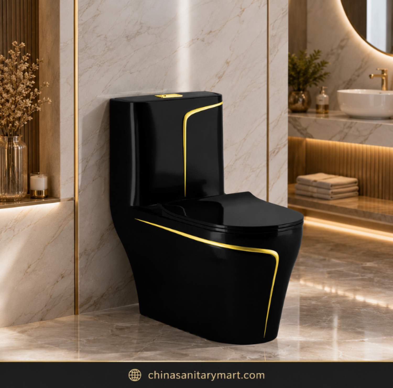 Black Gold Commode SH-2858, luxury black gold toilet, designer one piece commode, black commode with gold line, modern luxury toilet
