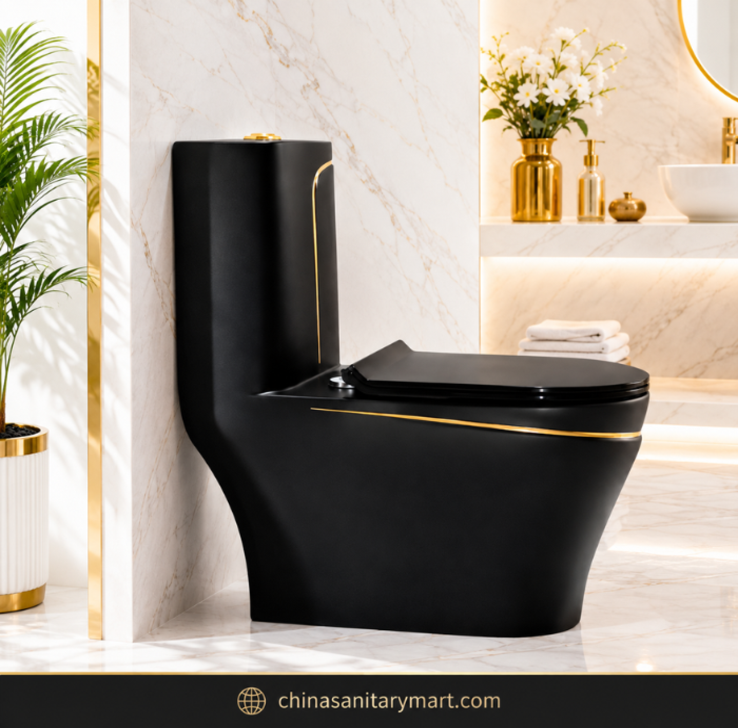 Black Gold Commode SH-2858, luxury black gold toilet, designer one piece commode, black commode with gold line, modern luxury toilet