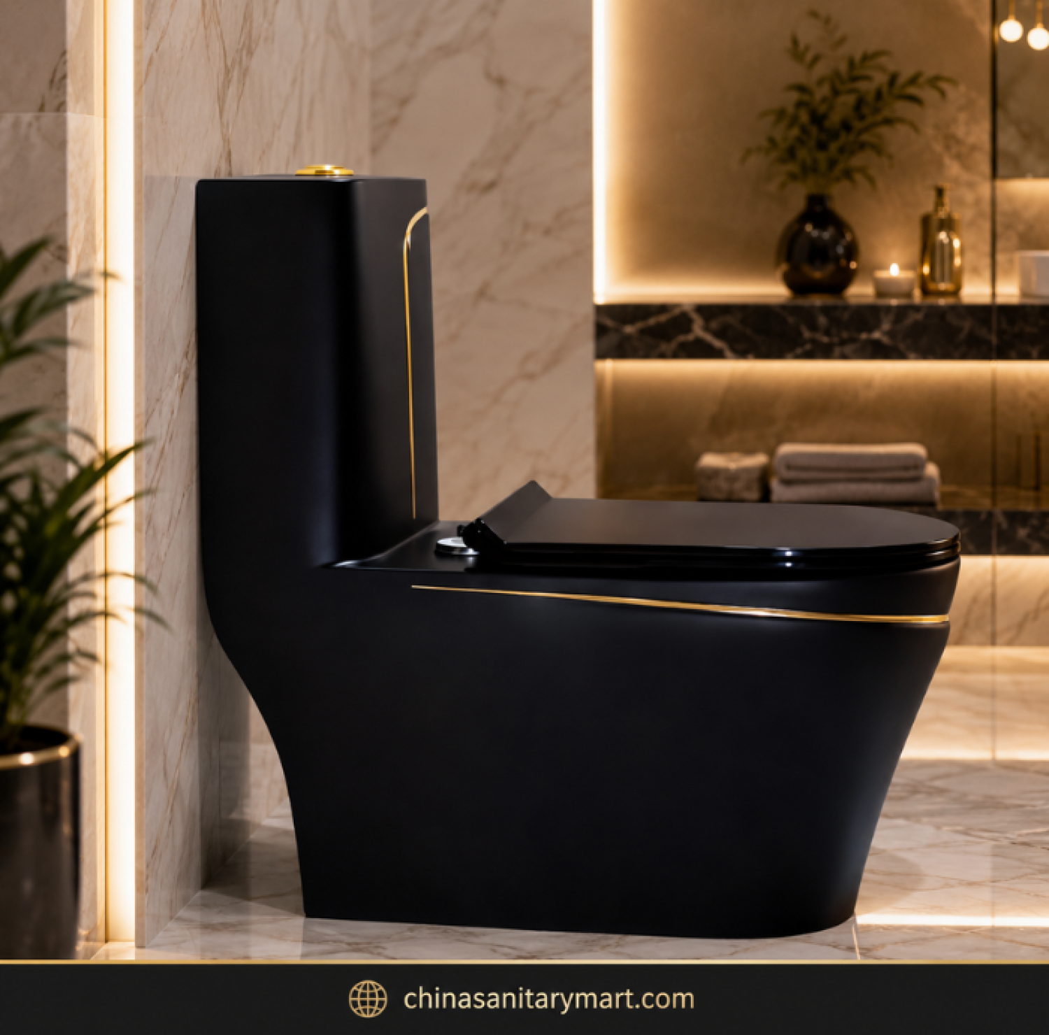 Black Gold Commode SH-2858, luxury black gold toilet, designer one piece commode, black commode with gold line, modern luxury toilet