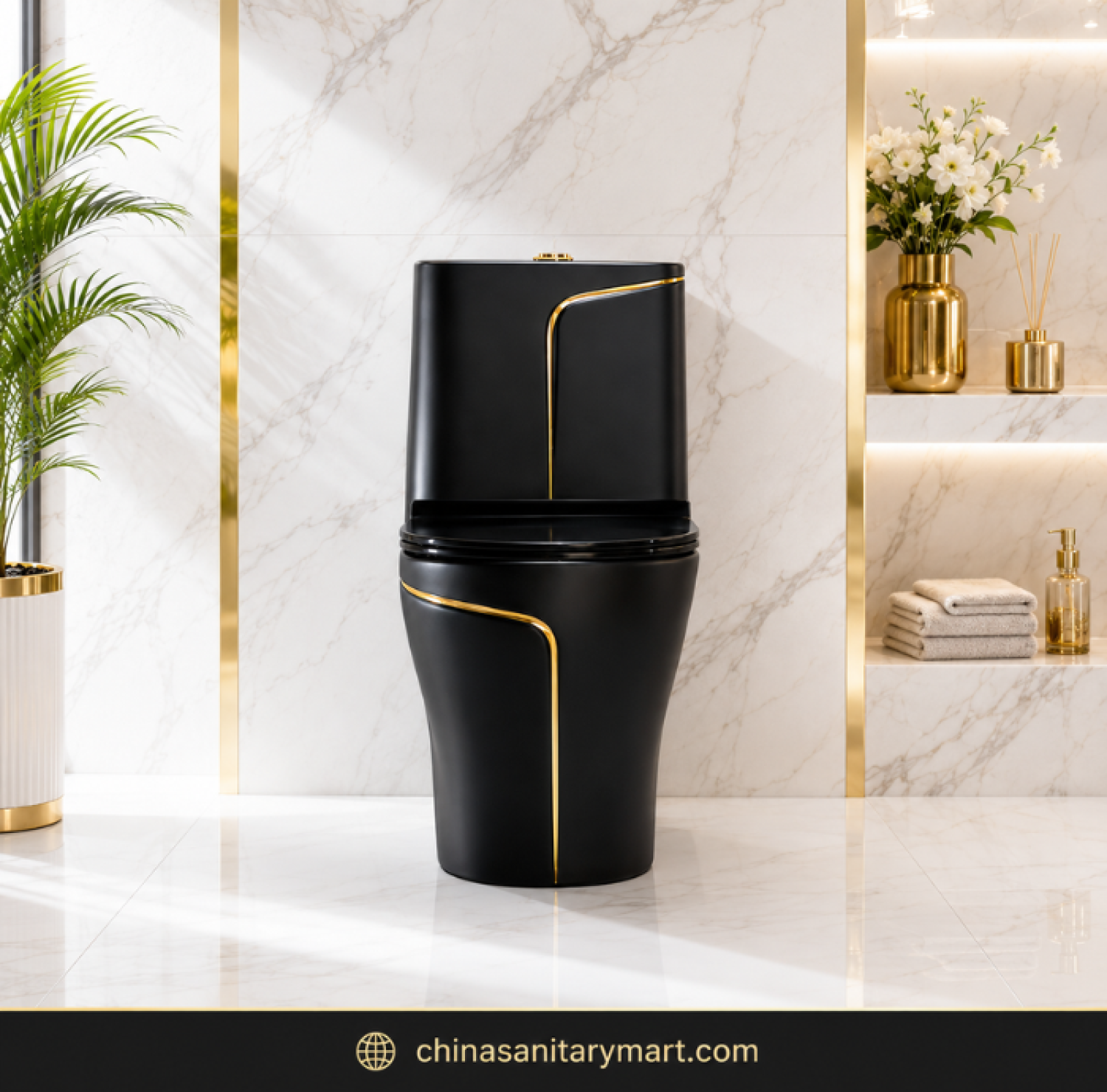 Black Gold Commode SH-2858, luxury black gold toilet, designer one piece commode, black commode with gold line, modern luxury toilet