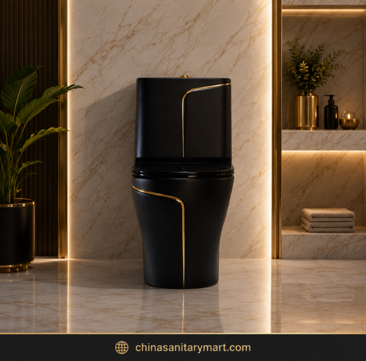 Black Gold Commode SH-2858, luxury black gold toilet, designer one piece commode, black commode with gold line, modern luxury toilet