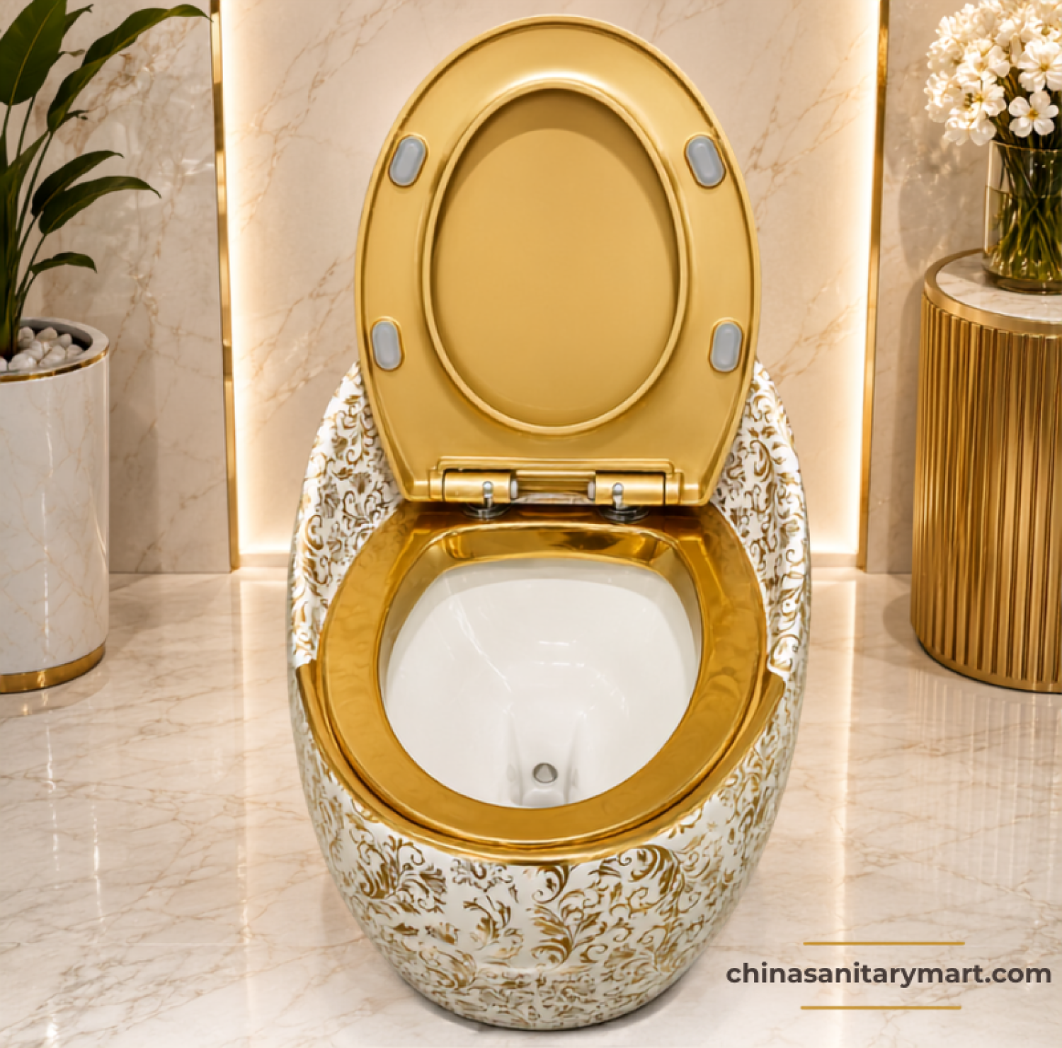 Golden Leaf Print Egg Shape Commode 26x18, white gold designer toilet, luxury egg shape commode, golden leaf print toilet, golden seat cover commode