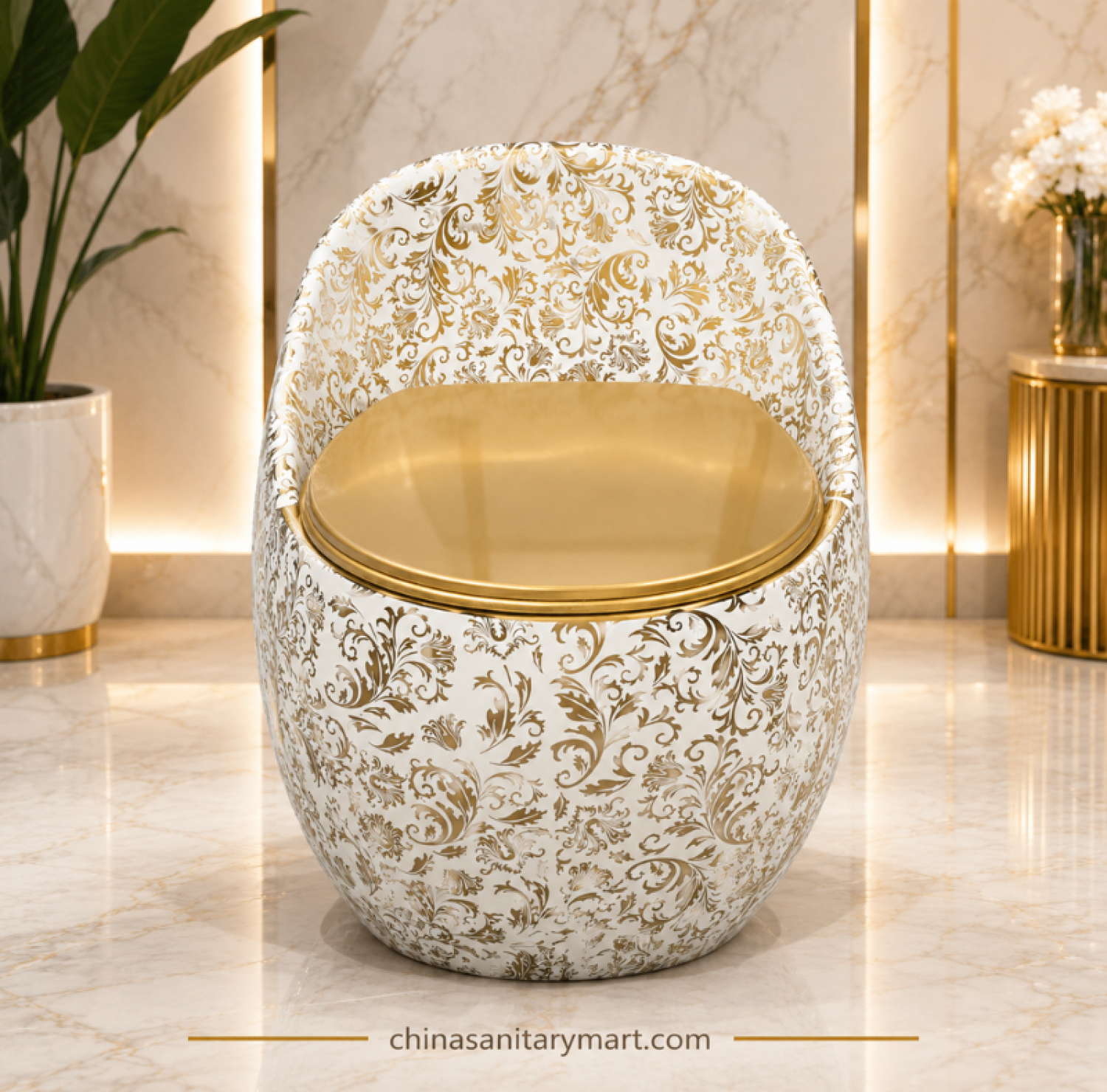 Golden Leaf Print Egg Shape Commode 26x18, white gold designer toilet, luxury egg shape commode, golden leaf print toilet, golden seat cover commode