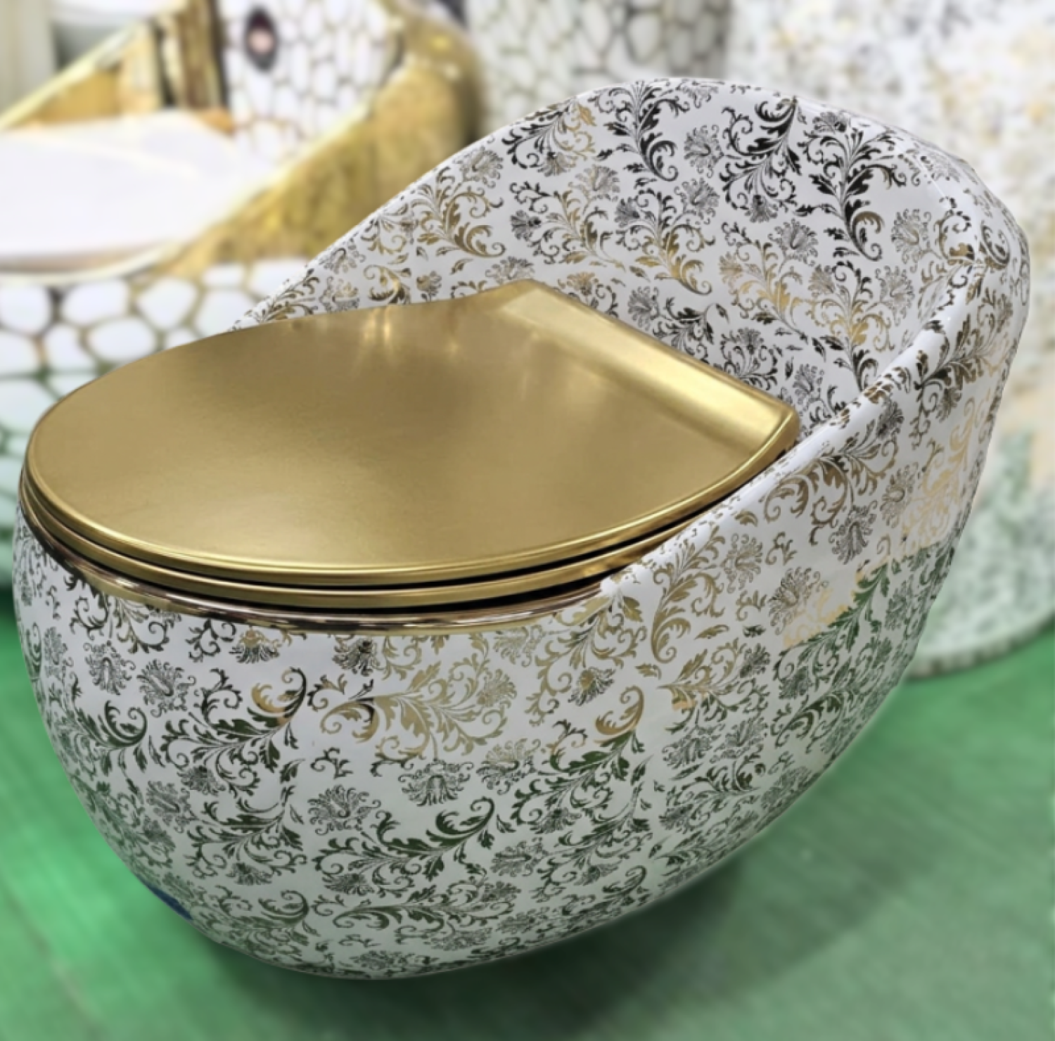 Golden Leaf Print Egg Shape Commode 26x18, white gold designer toilet, luxury egg shape commode, golden leaf print toilet, golden seat cover commode