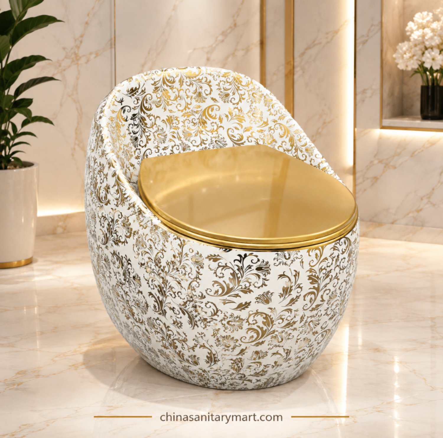 Golden Leaf Print Egg Shape Commode 26x18, white gold designer toilet, luxury egg shape commode, golden leaf print toilet, golden seat cover commode
