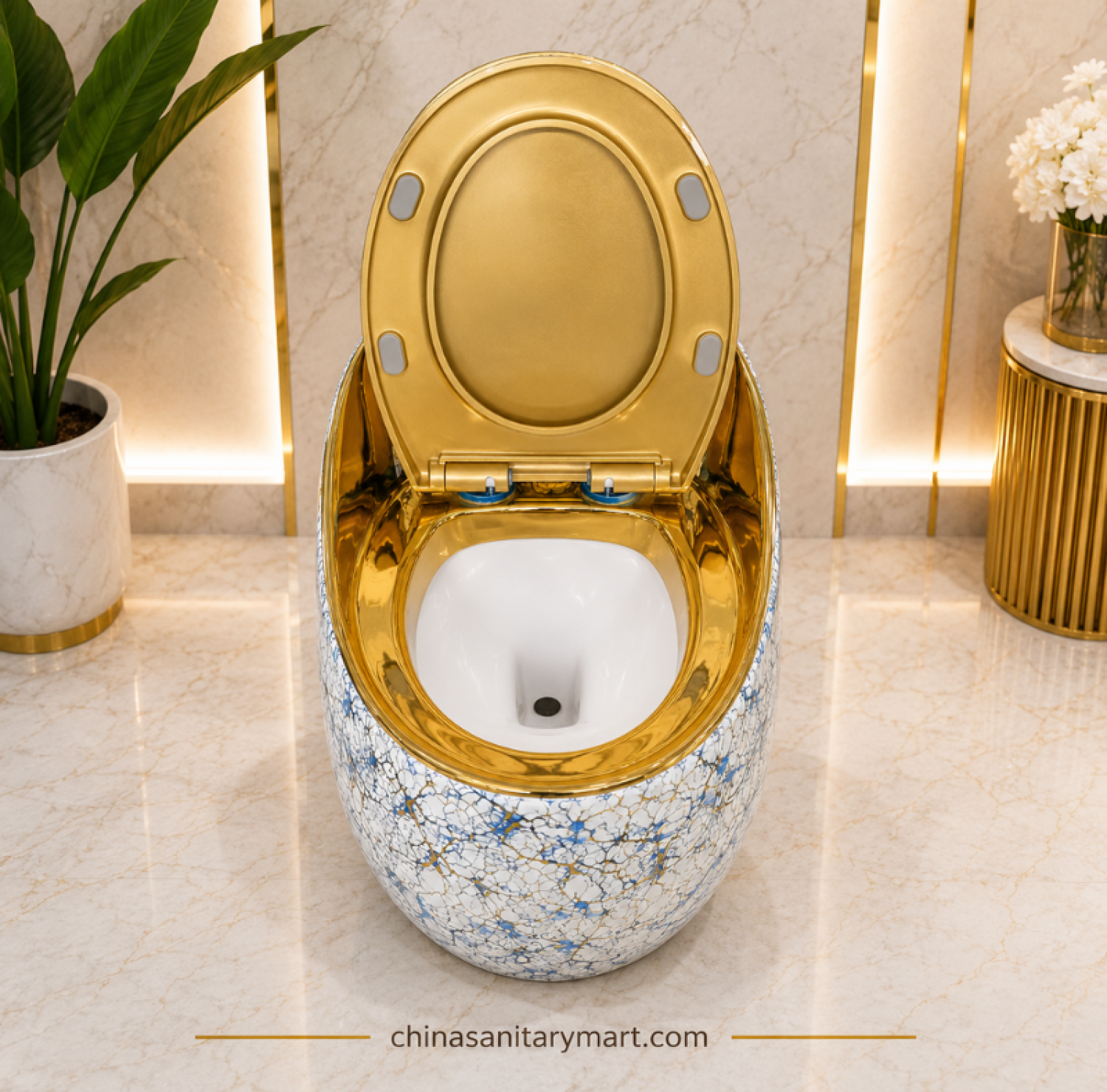 Golden Blue Print Egg Shape Commode 26x18, blue gold designer toilet, luxury egg shape commode, golden seat cover toilet, decorative blue gold commode