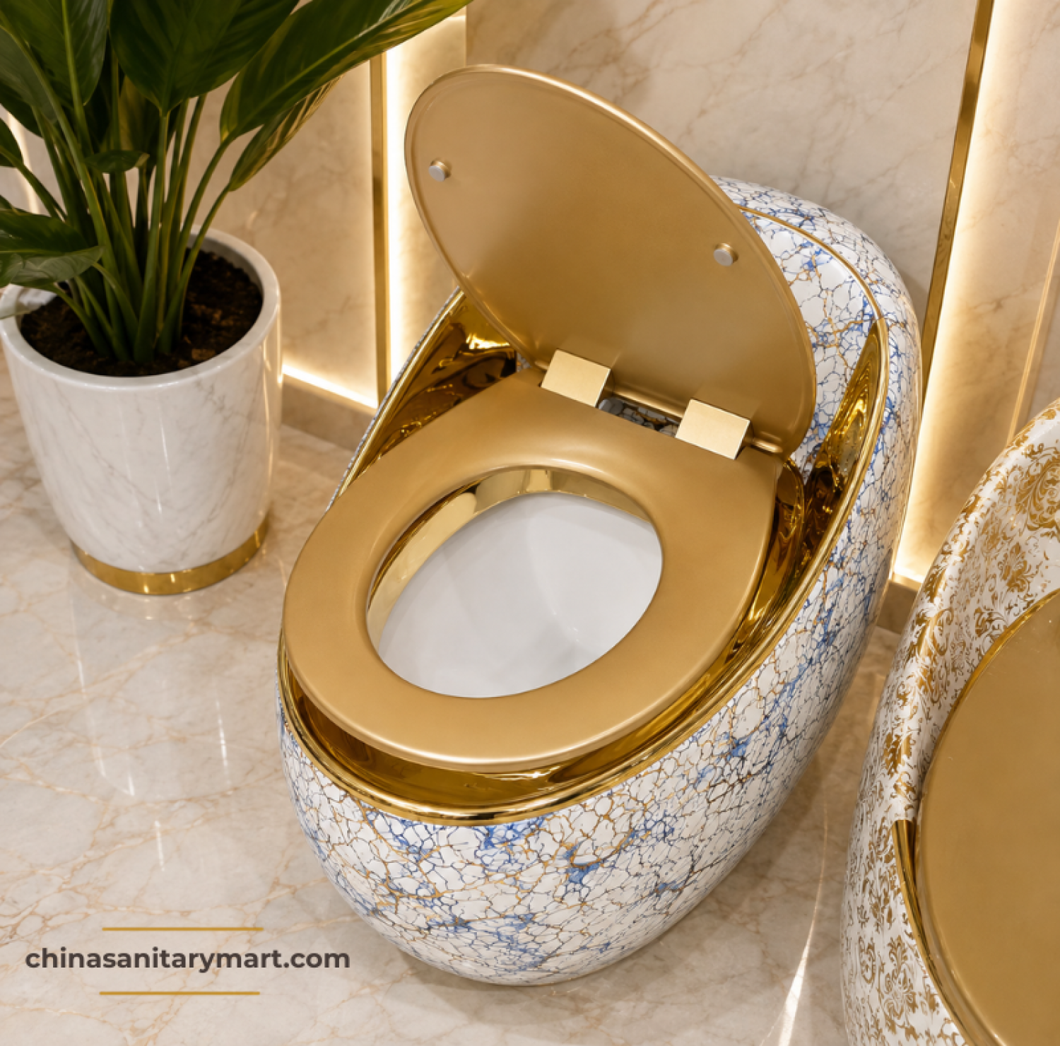 Golden Blue Print Egg Shape Commode 26x18, blue gold designer toilet, luxury egg shape commode, golden seat cover toilet, decorative blue gold commode