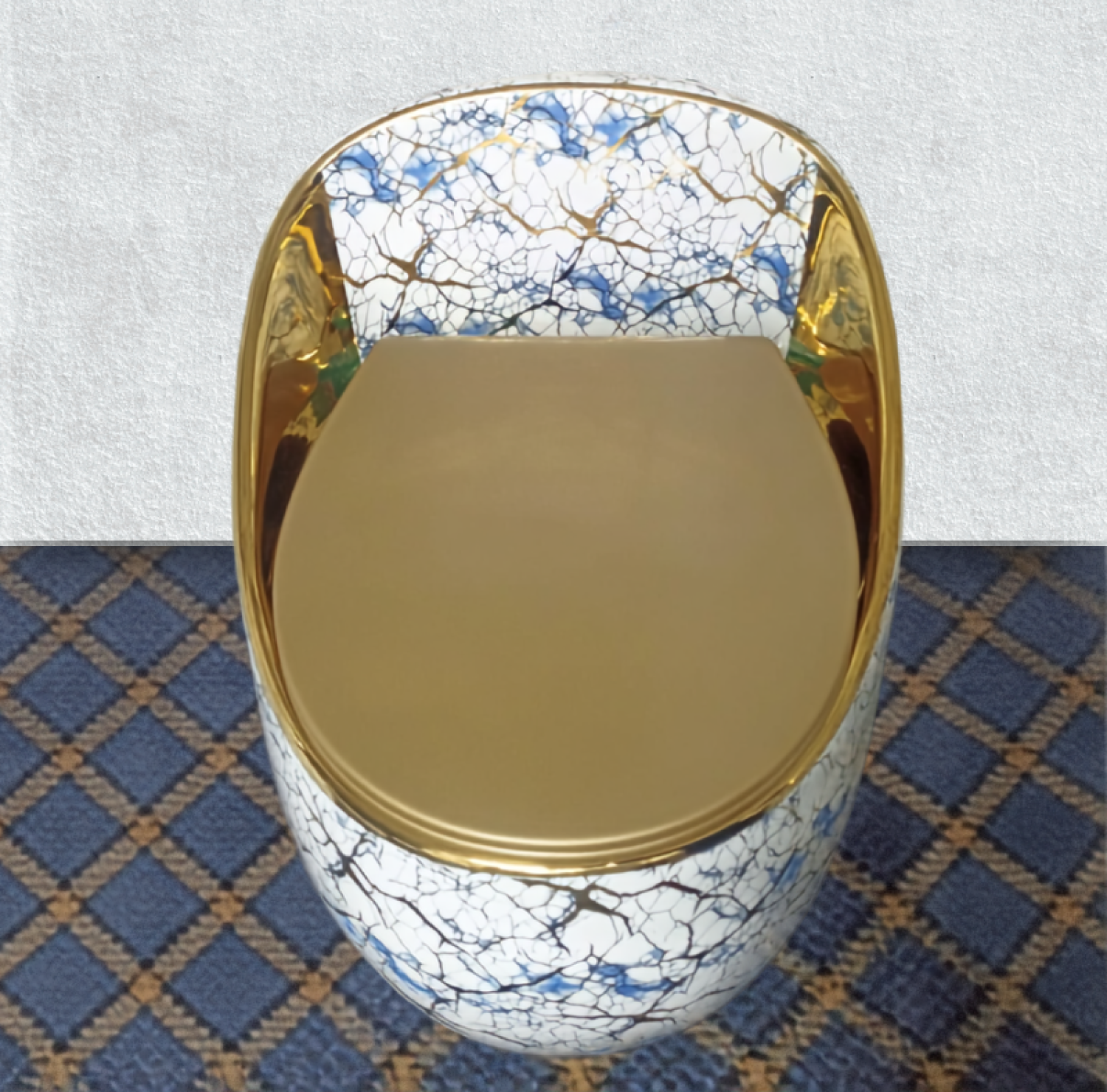 Golden Blue Print Egg Shape Commode 26x18, blue gold designer toilet, luxury egg shape commode, golden seat cover toilet, decorative blue gold commode