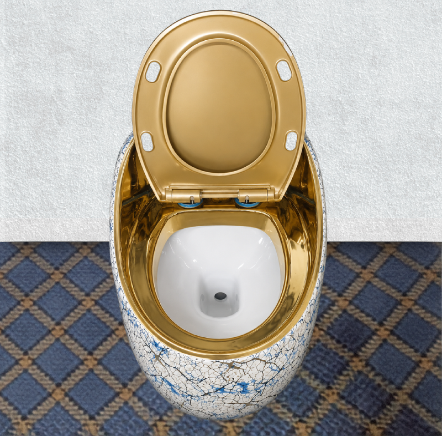 Golden Blue Print Egg Shape Commode 26x18, blue gold designer toilet, luxury egg shape commode, golden seat cover toilet, decorative blue gold commode