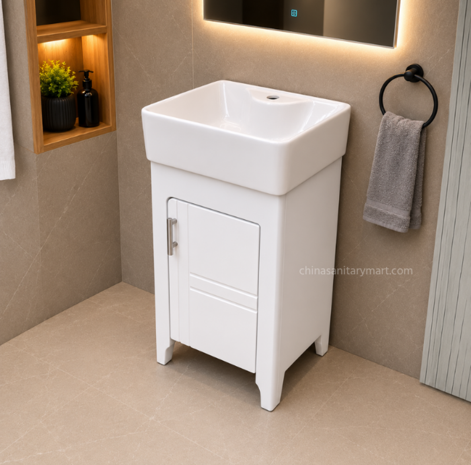 15×19 Inch PVC Cabinet with Ceramic Basin Compact Bathroom Vanity Cabinet with Ceramic Wash Basin Waterproof PVC Bathroom Cabinet with Integrated Basin Modern Freestanding Bathroom Basin Cabinet