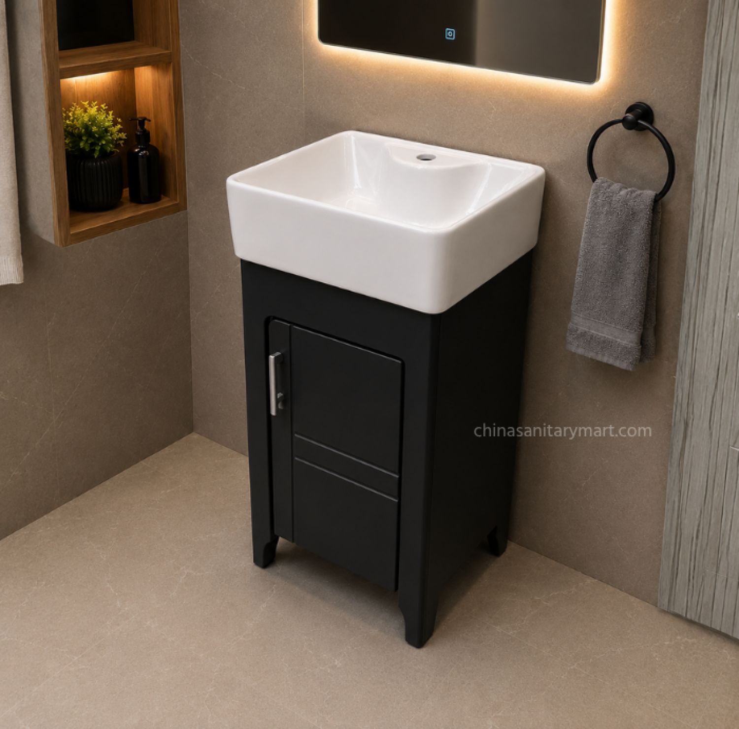 15×19 Inch PVC Cabinet with Ceramic Basin Compact Bathroom Vanity Cabinet with Ceramic Wash Basin Waterproof PVC Bathroom Cabinet with Integrated Basin Modern Freestanding Bathroom Basin Cabinet