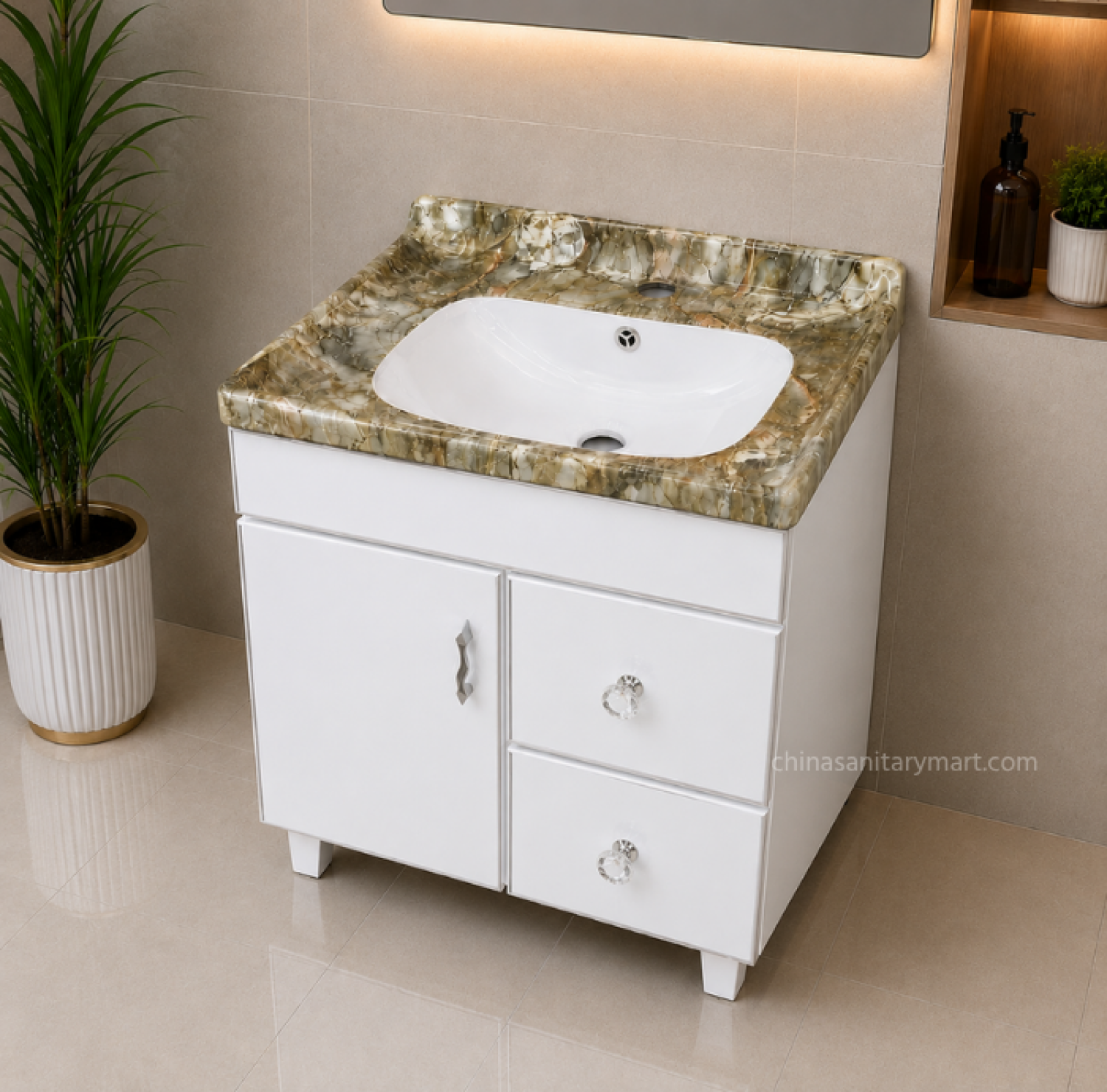 24×19 Inch PVC Box Cabinet with Under Counter Ceramic Wash Basin HPL Bathroom Vanity Cabinet with 2 Drawers Grey PVC Bathroom Cabinet with Ceramic Basin Under Counter Wash Basin Cabinet 24×19 Inch