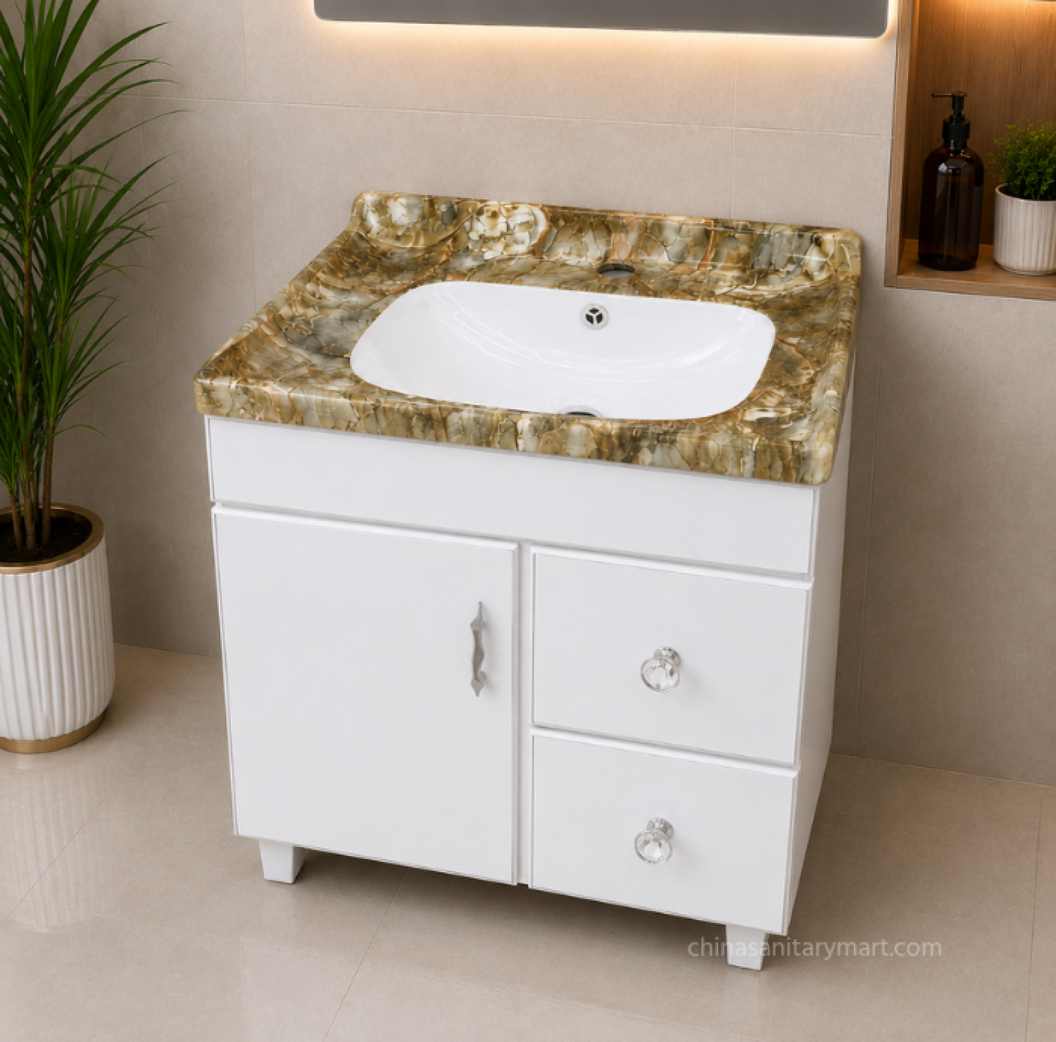 24×19 Inch PVC Box Cabinet with Under Counter Ceramic Wash Basin HPL Bathroom Vanity Cabinet with 2 Drawers Grey PVC Bathroom Cabinet with Ceramic Basin Under Counter Wash Basin Cabinet 24×19 Inch